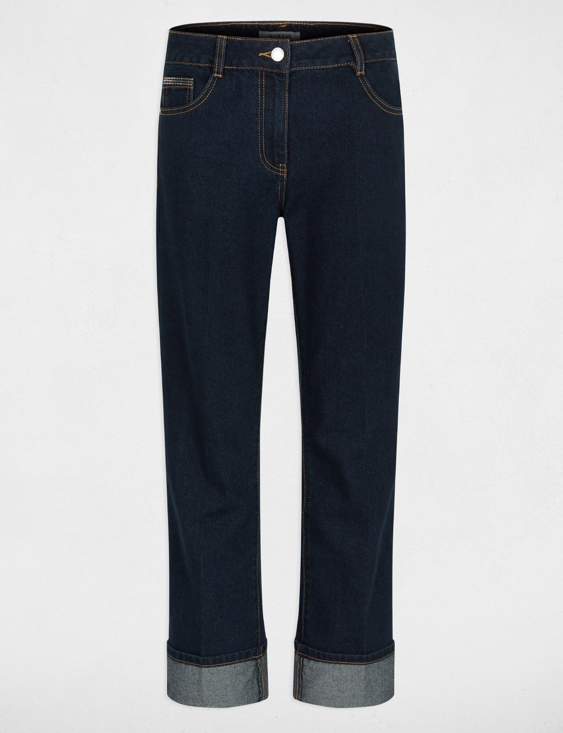 Straight jeans with rhinestones raw denim women