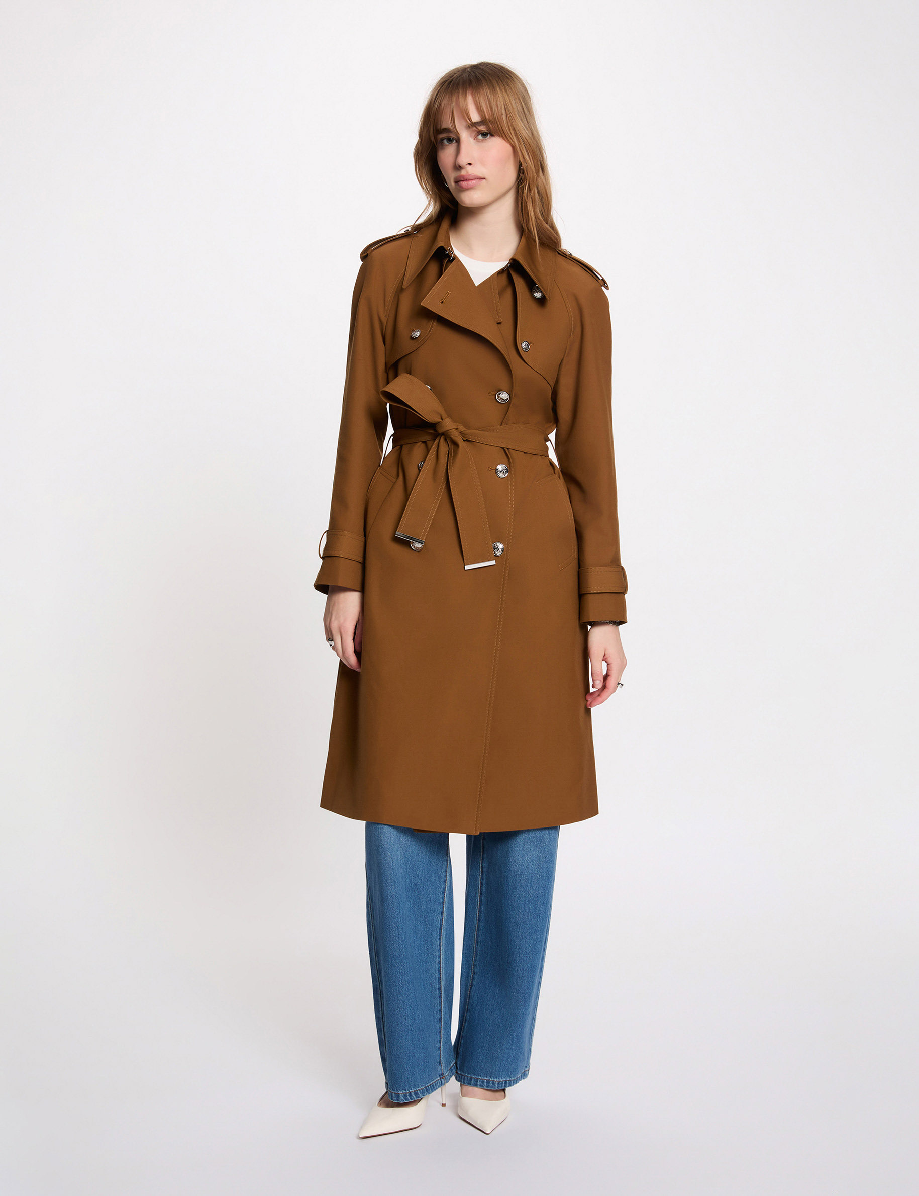 Long belted trench coat camel women