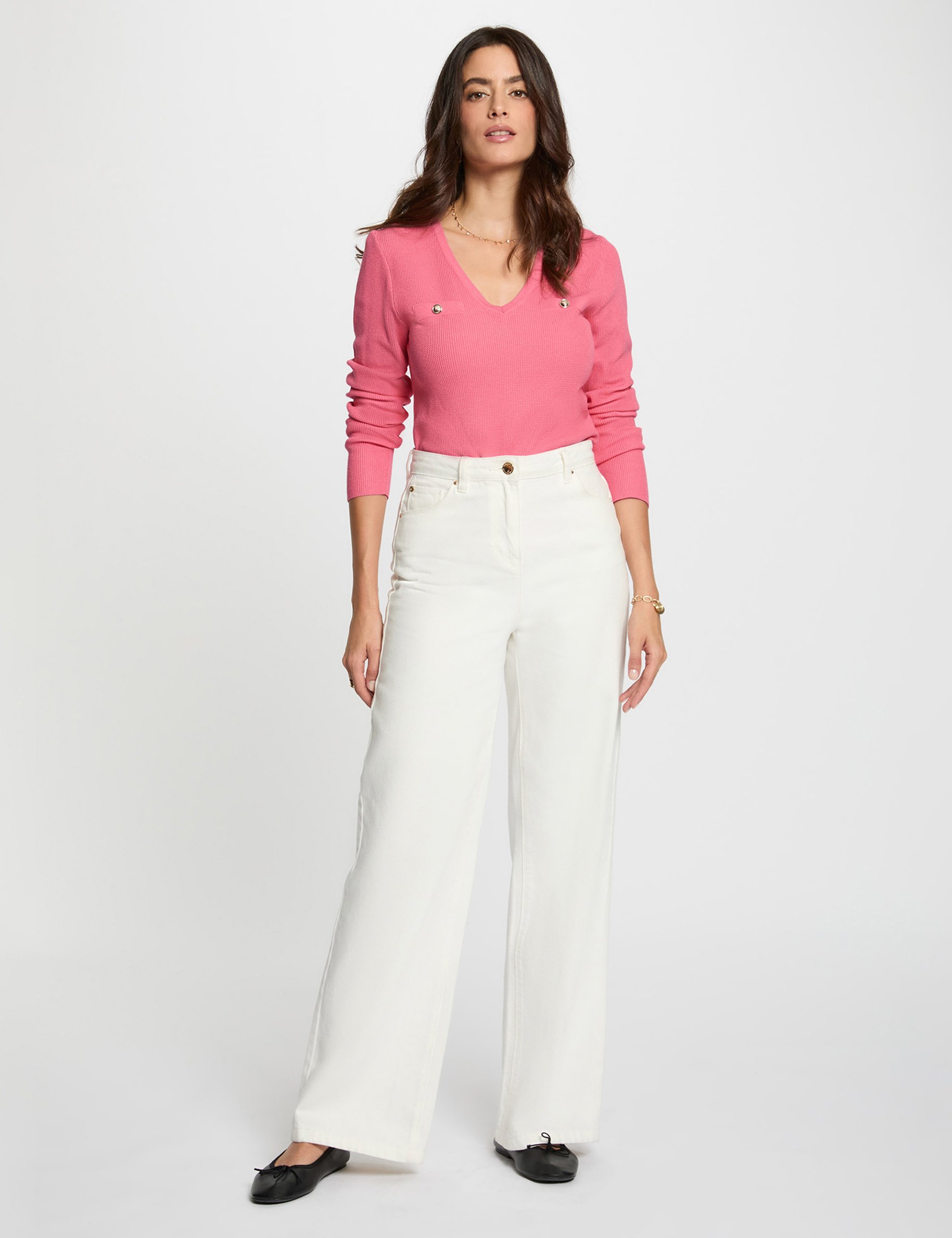 pull ajuste col v rose fushia femme Pull ajusté col v rose fushia femme
