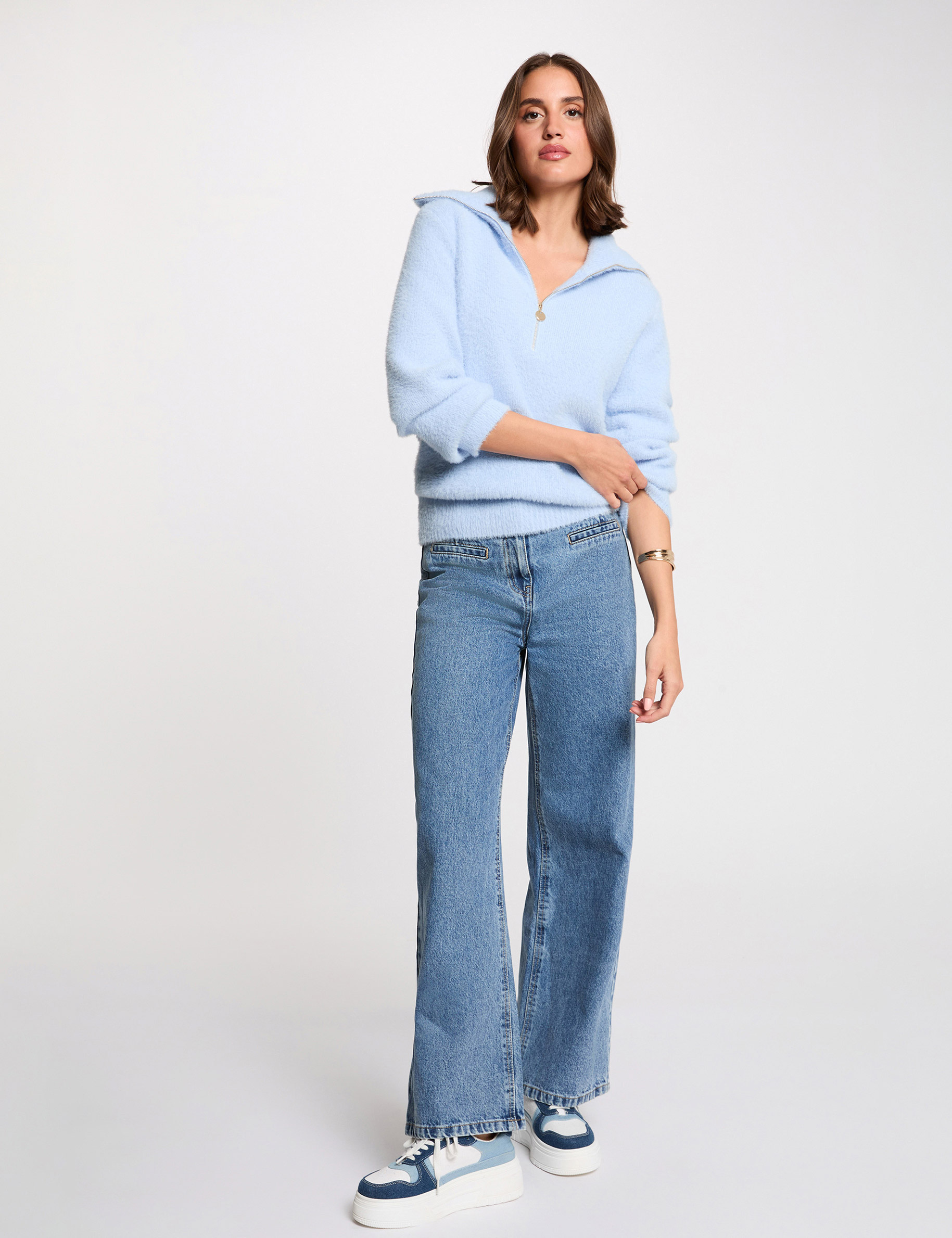 Long-sleeved jumper with zipped collar sky blue women