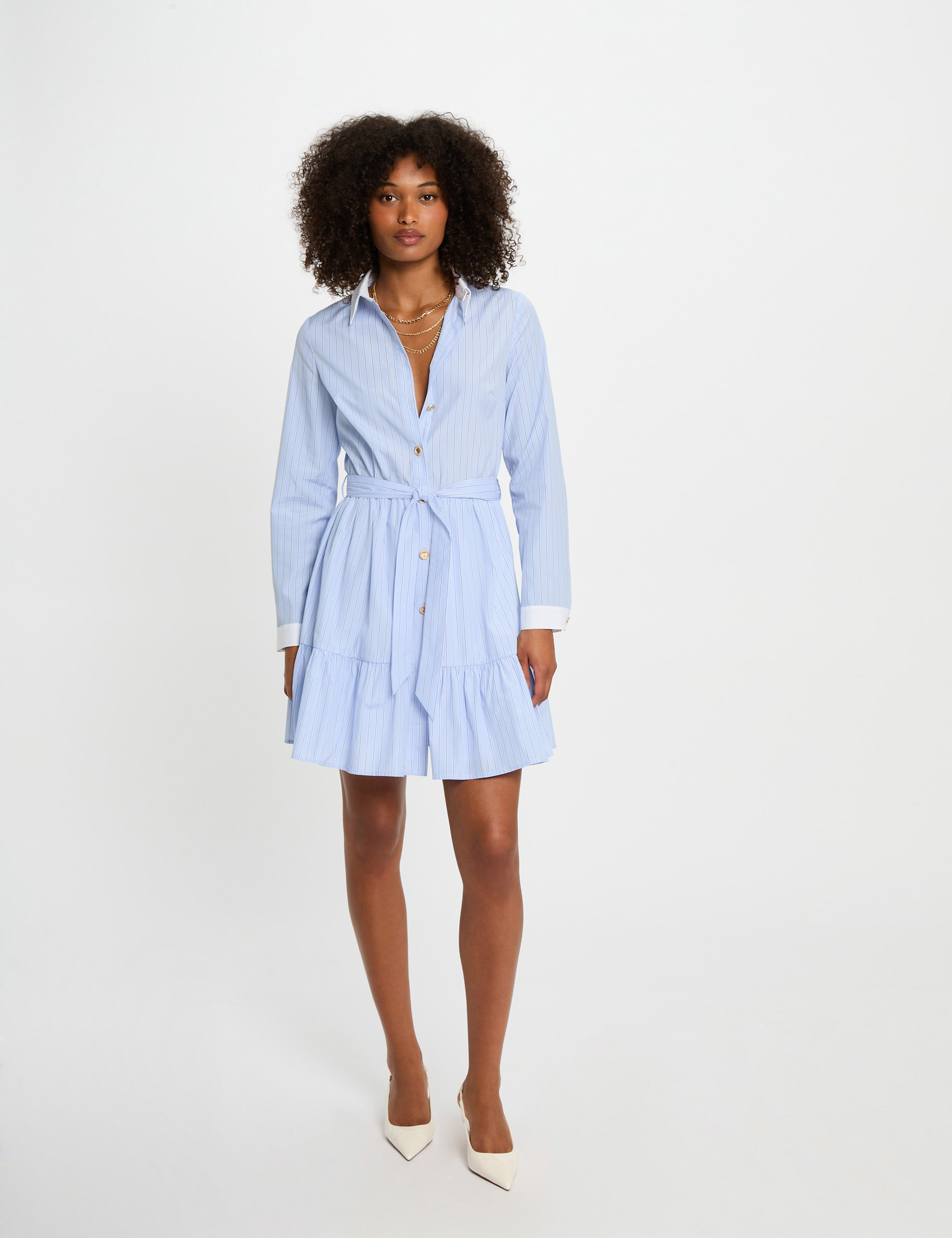 striped a line mini dress sky blue women Striped A-line mini dress sky blue women