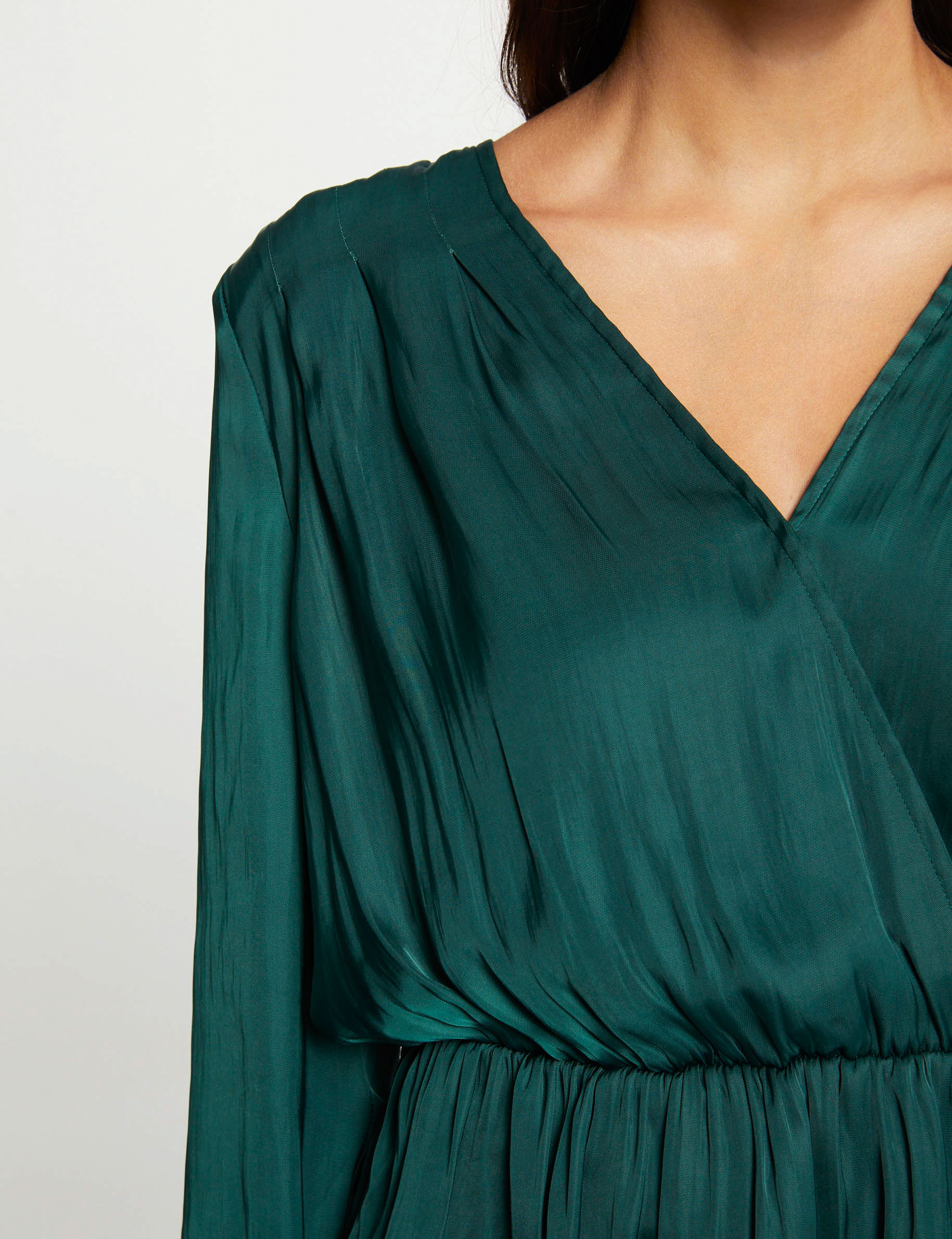 Satin long-sleeved blouse dark green ladies'