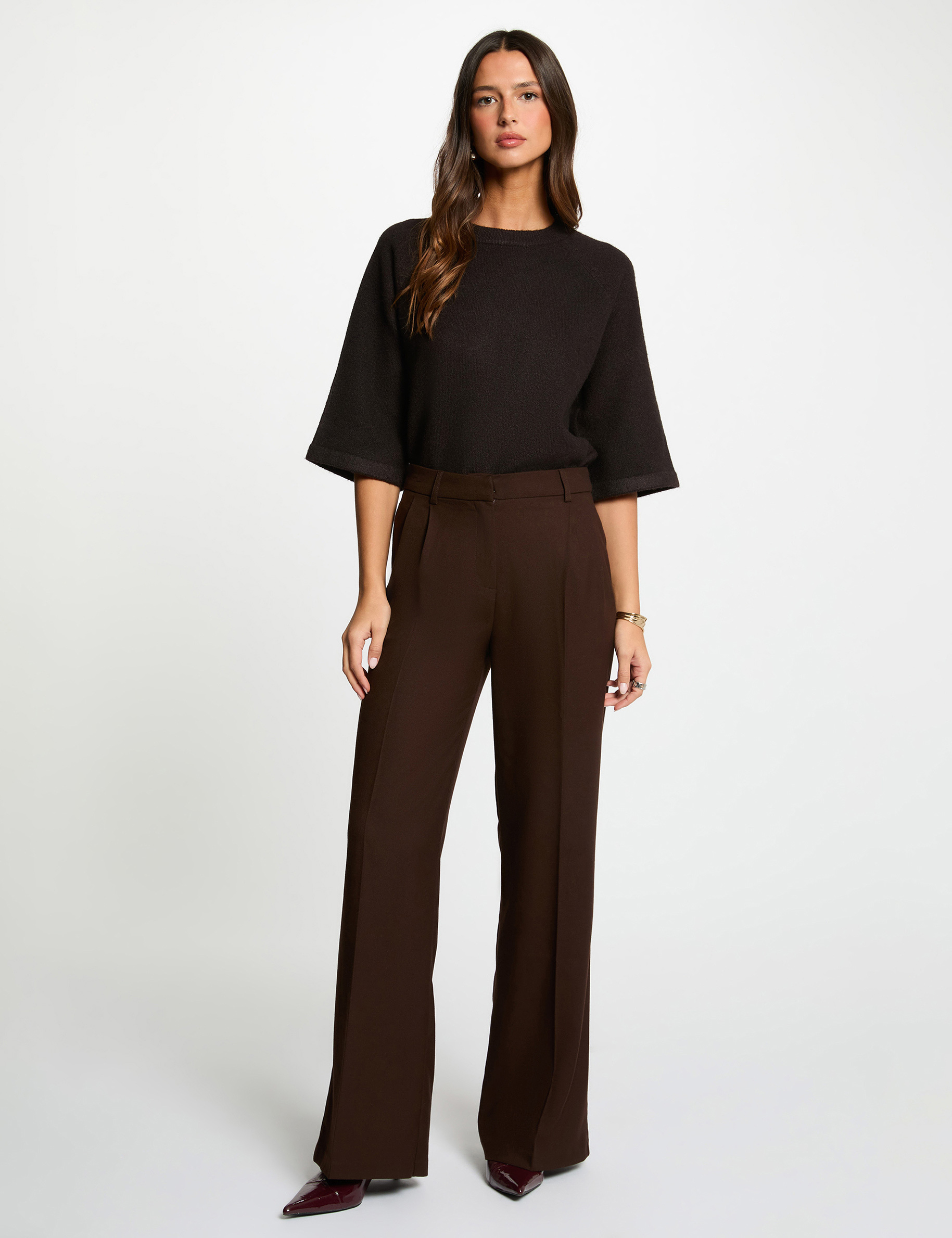 high waisted wide leg trousers dark brown women High-waisted wide-leg trousers dark brown women