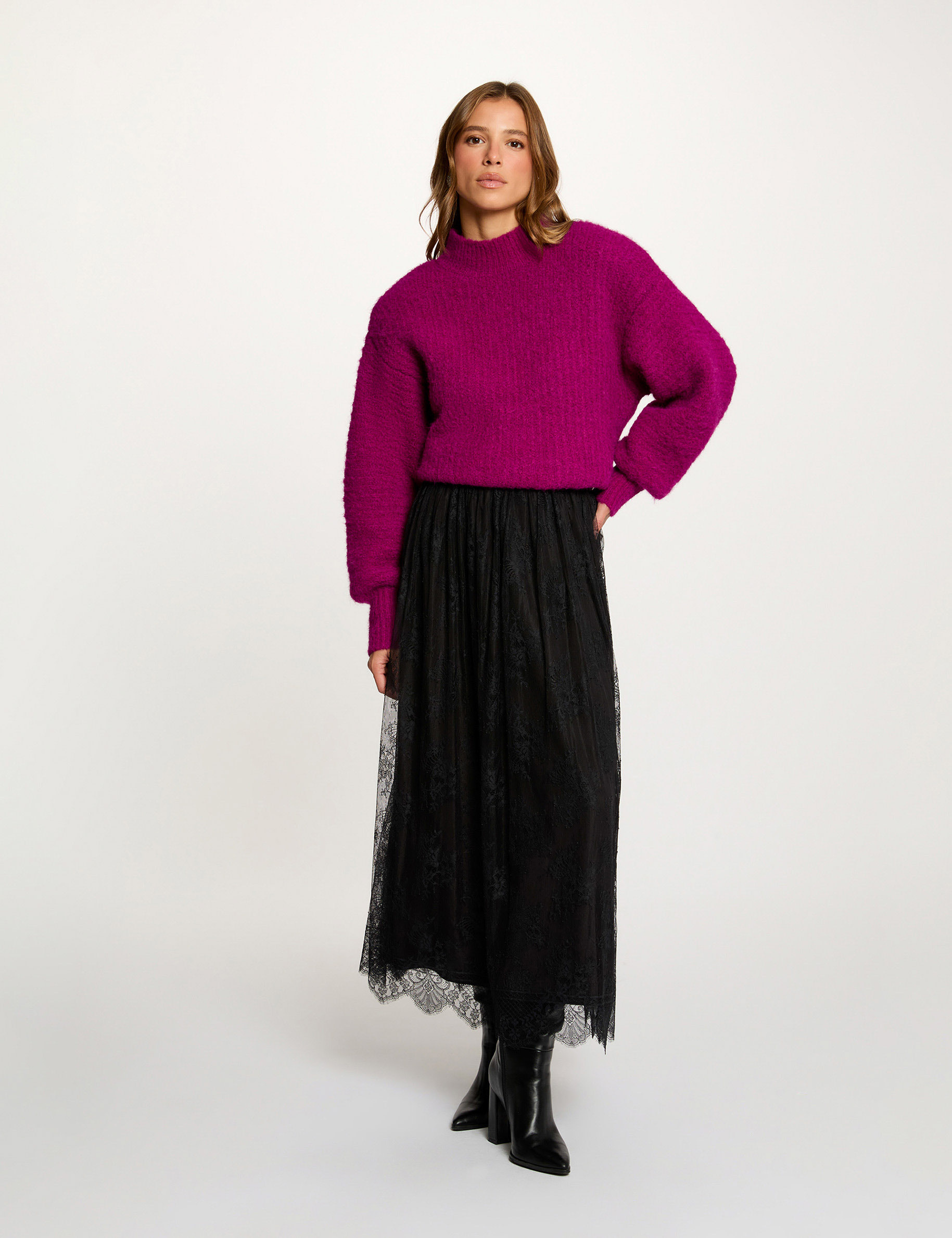 Pull oversize col montant violet femme