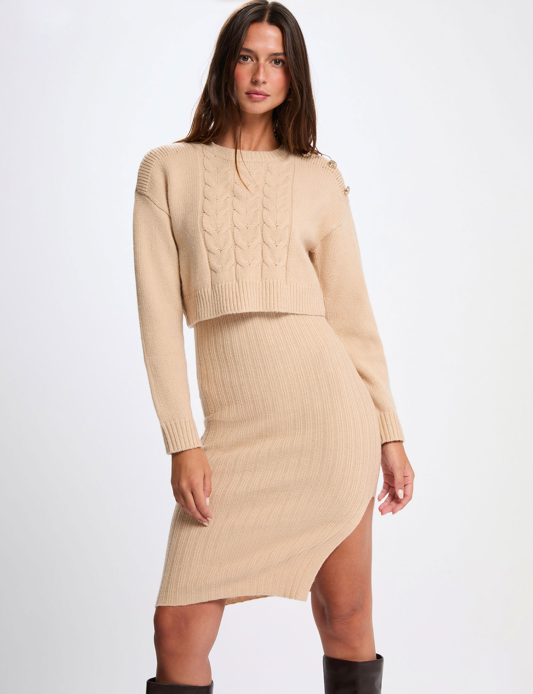 Fitted 2 in 1 knitted dress beige women