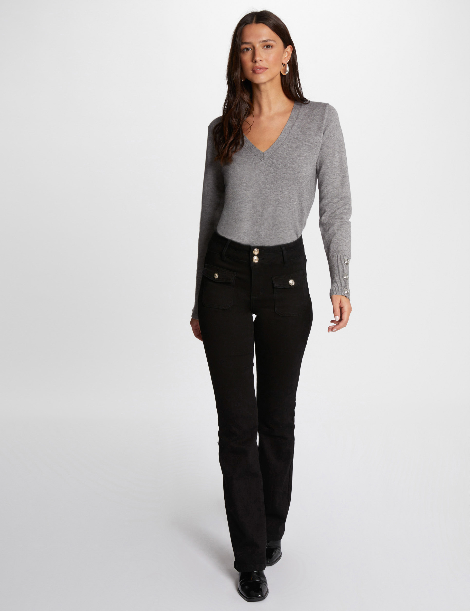 long sleeved jumper v neck mid grey women Long-sleeved jumper V-neck mid-grey women
