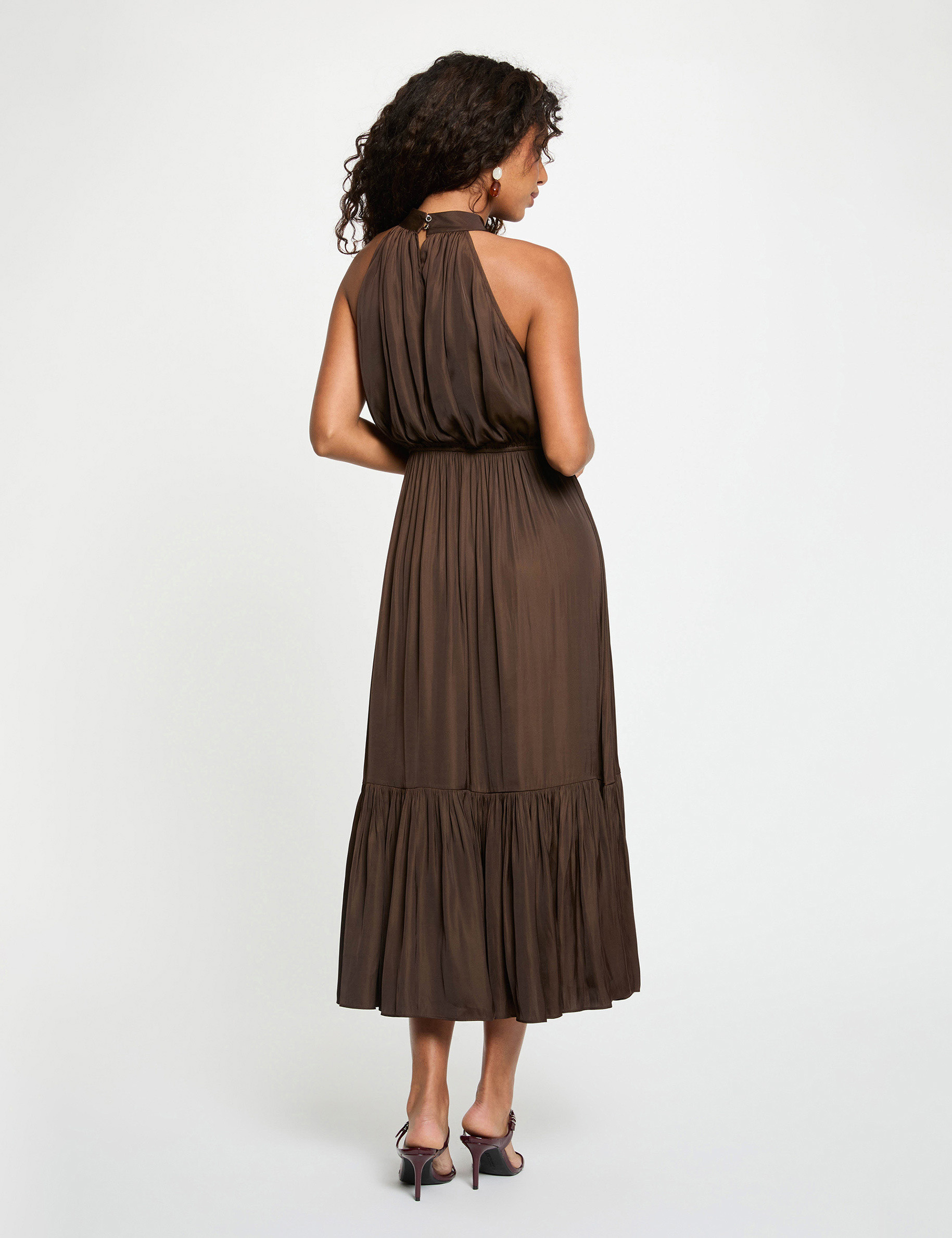 loose brown dress Brown WOMAN Loose Fit Crew Neck Linen Blended Dress 3515499