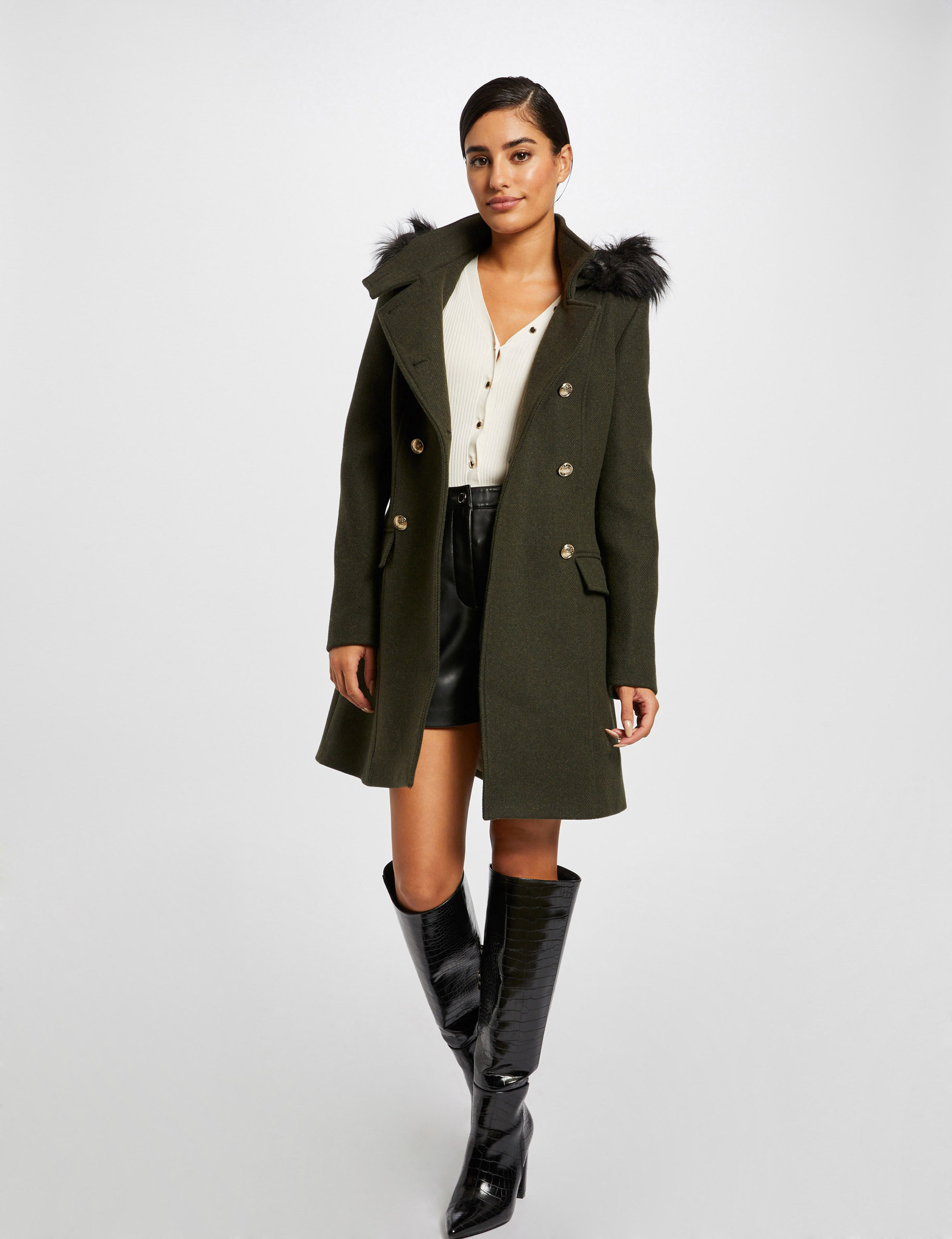 Loose buttoned coat with hood olive ladies'