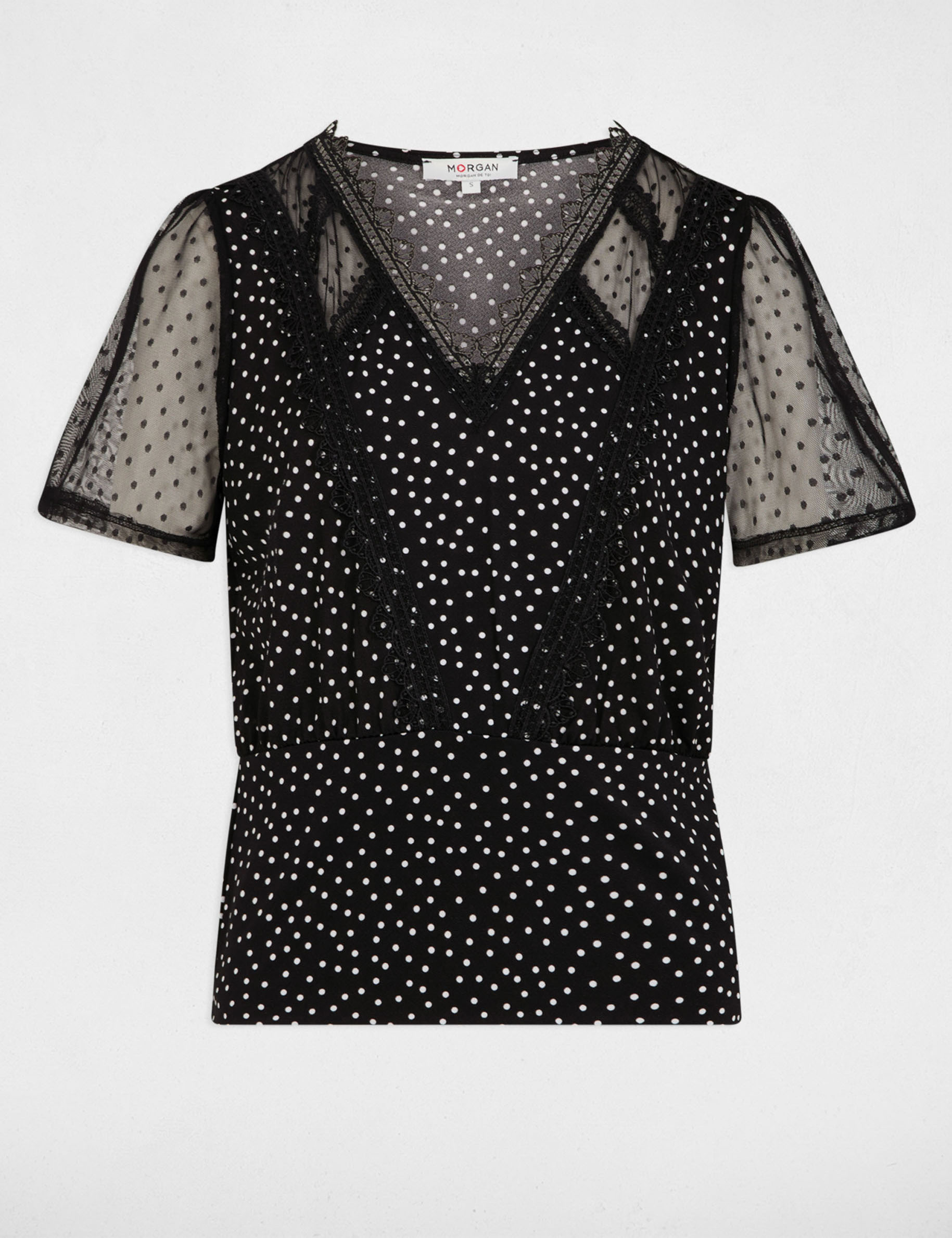 t shirt manches courtes a pois noir femme T-shirt manches courtes à pois noir femme