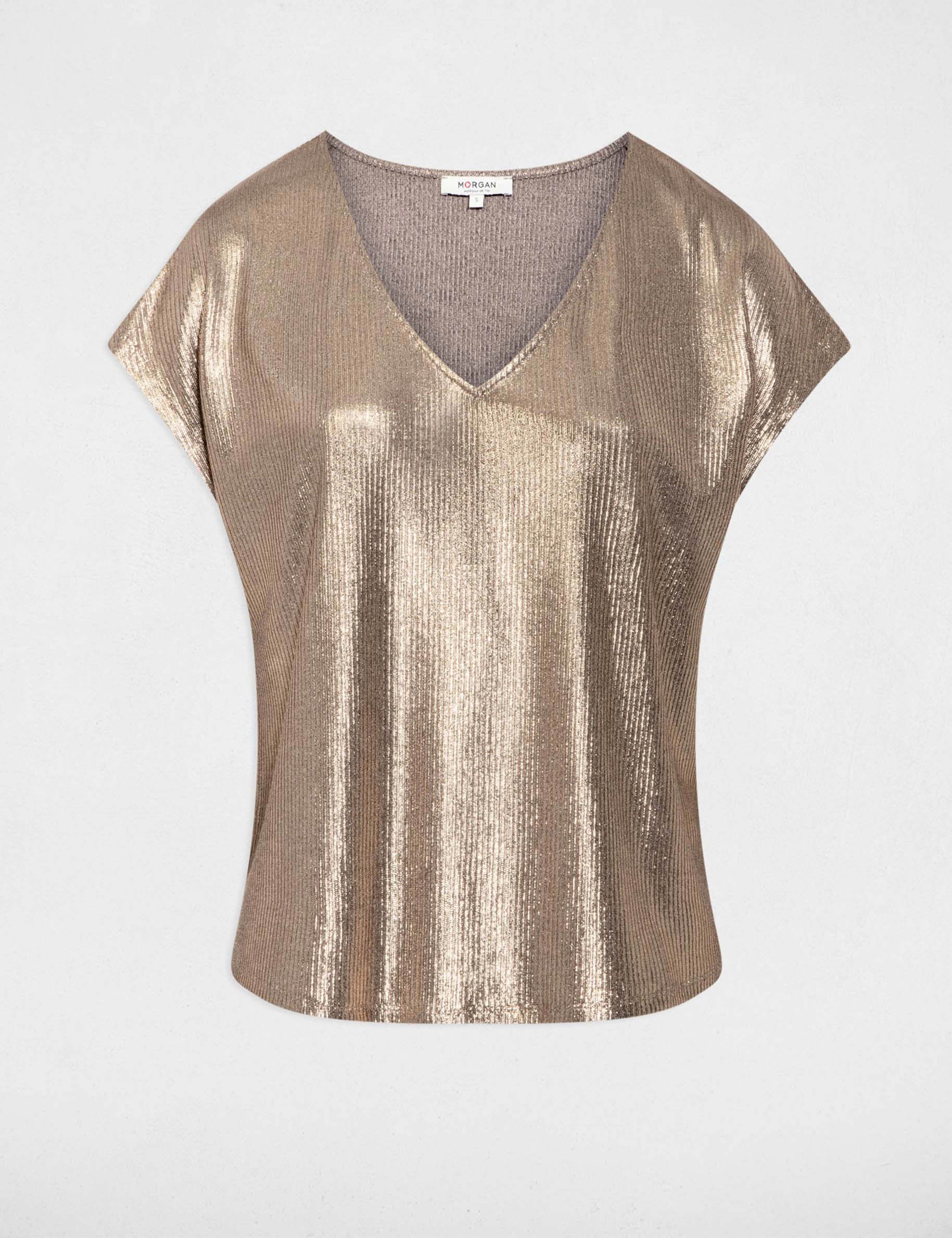 Ribbed v-neck t-shirt bronze color women