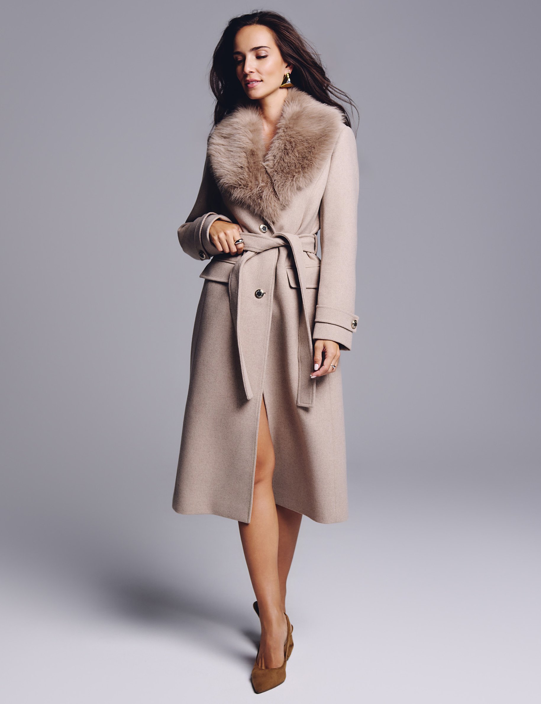 Long belted coat beige women