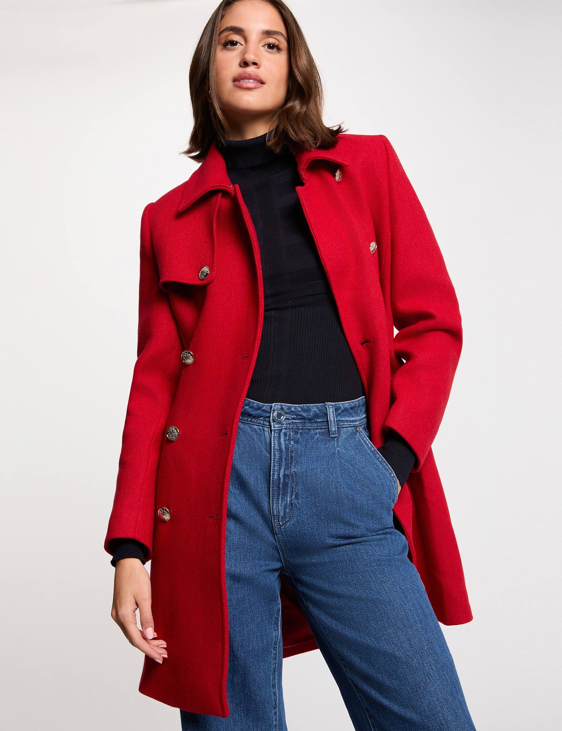 Belted long coat red women