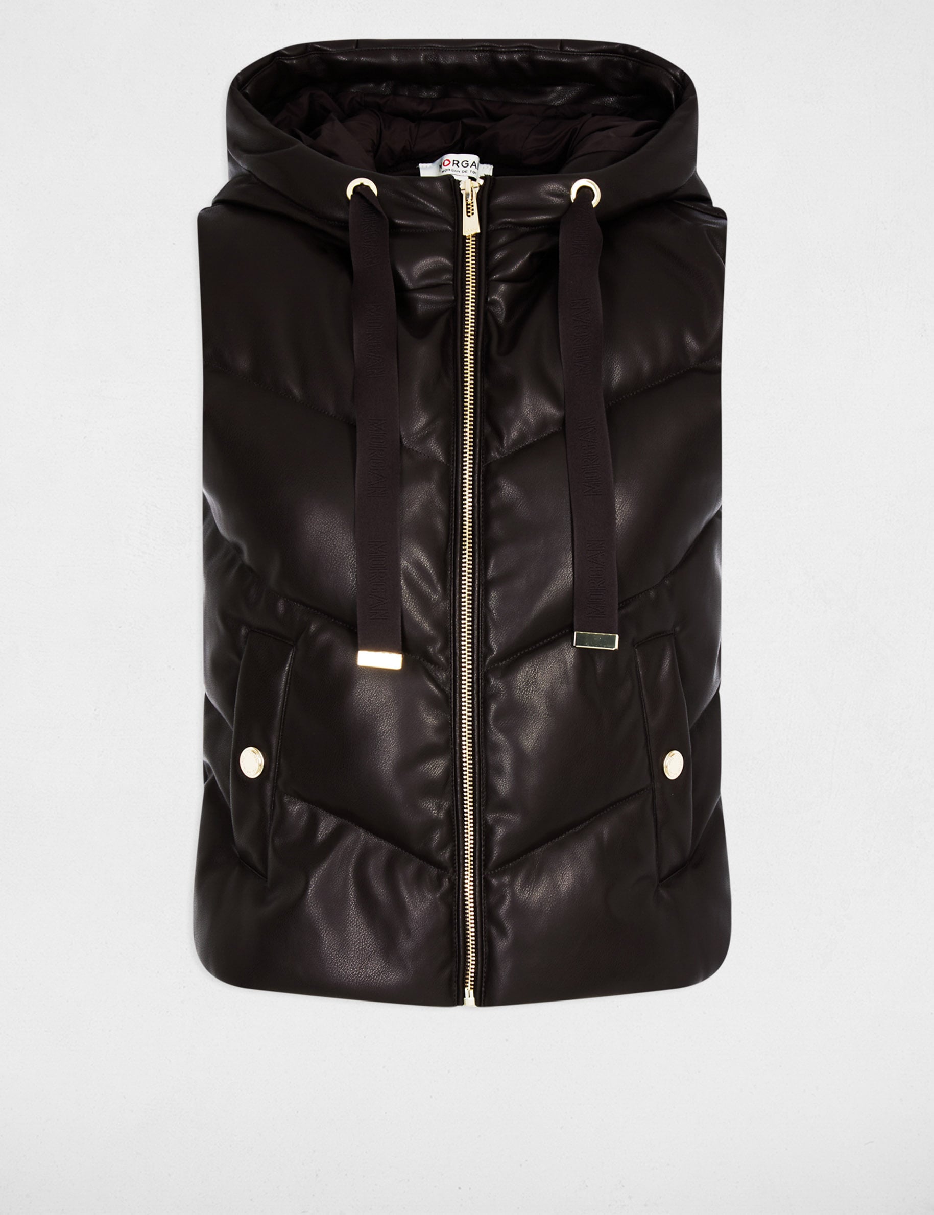 Faux leather padded jacket with hood dark brown women