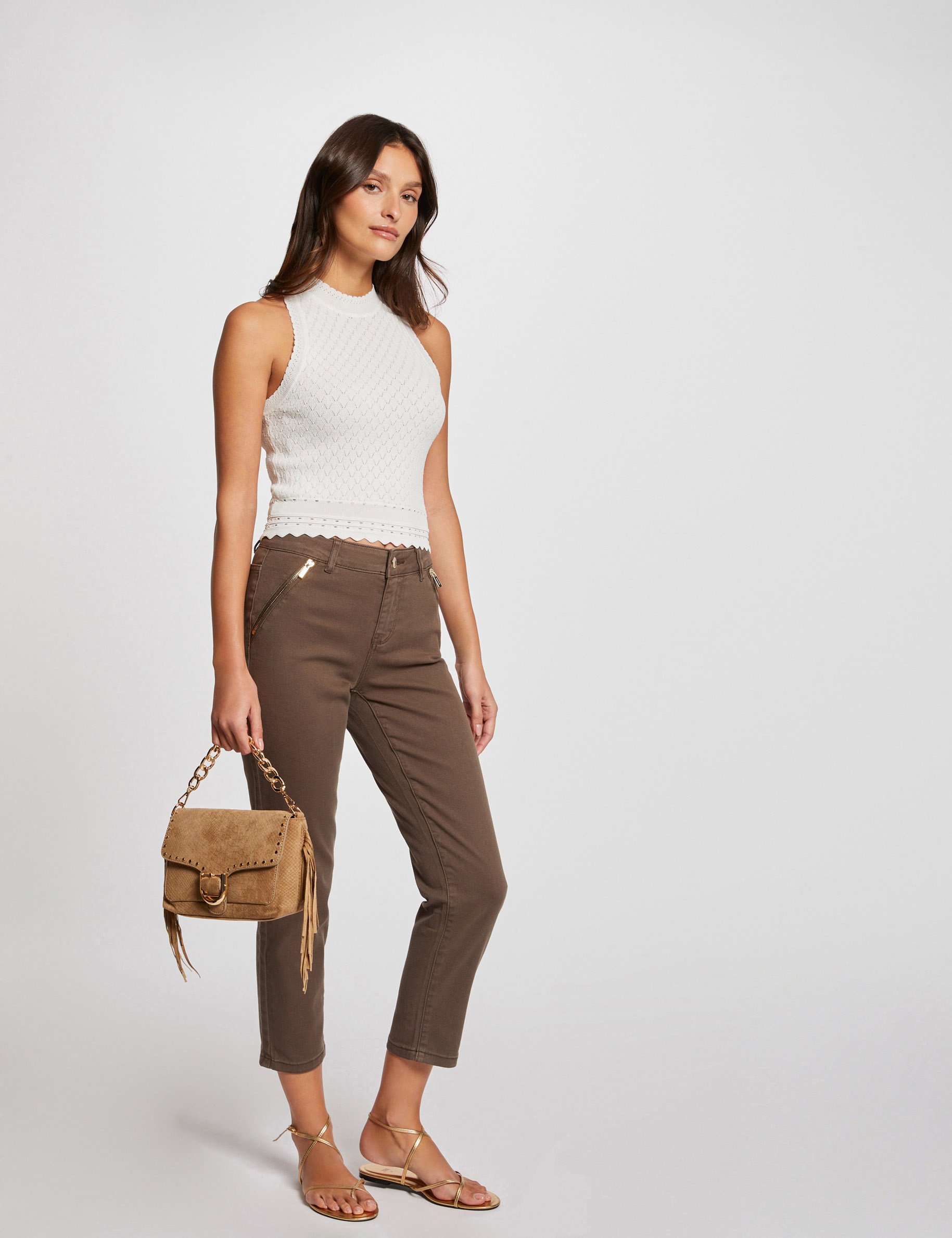 Cropped straight trousers khaki green ladies'