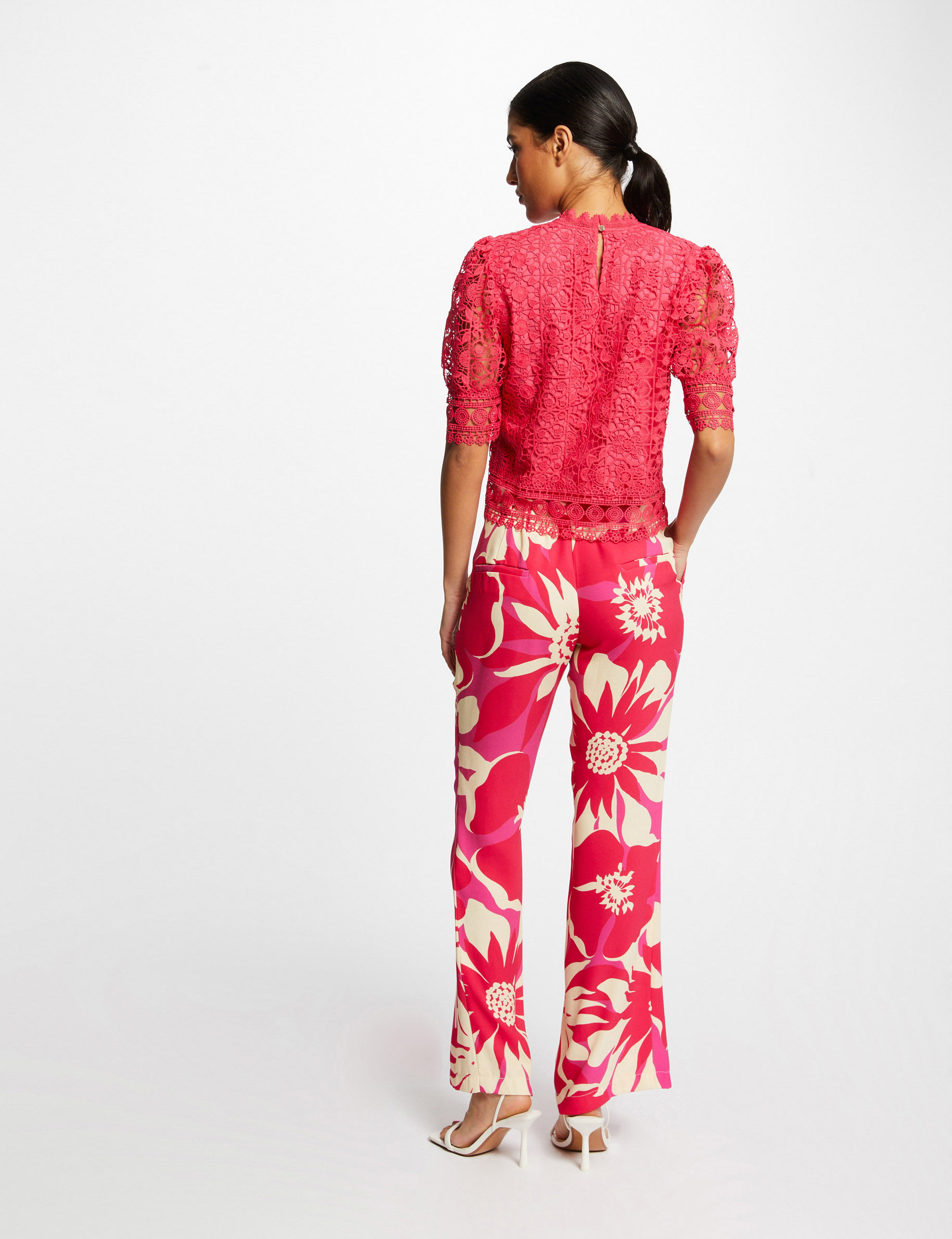 Short-sleeved blouse with lace medium pink ladies'