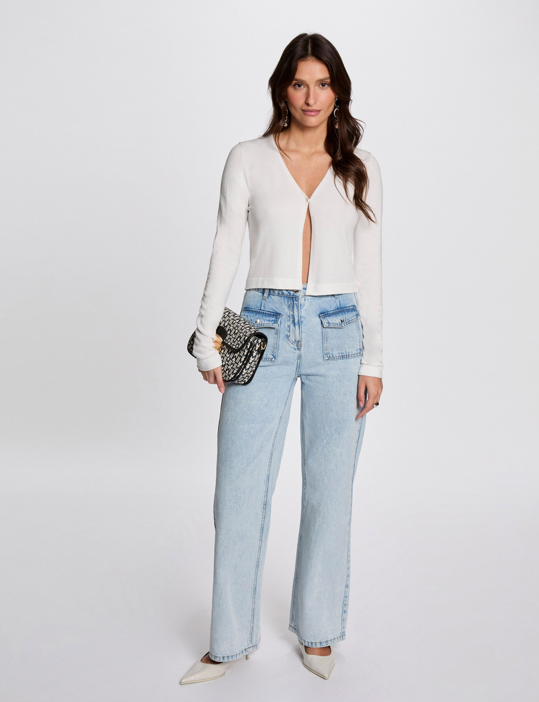 Long-sleeved cardigan with V-neck white women