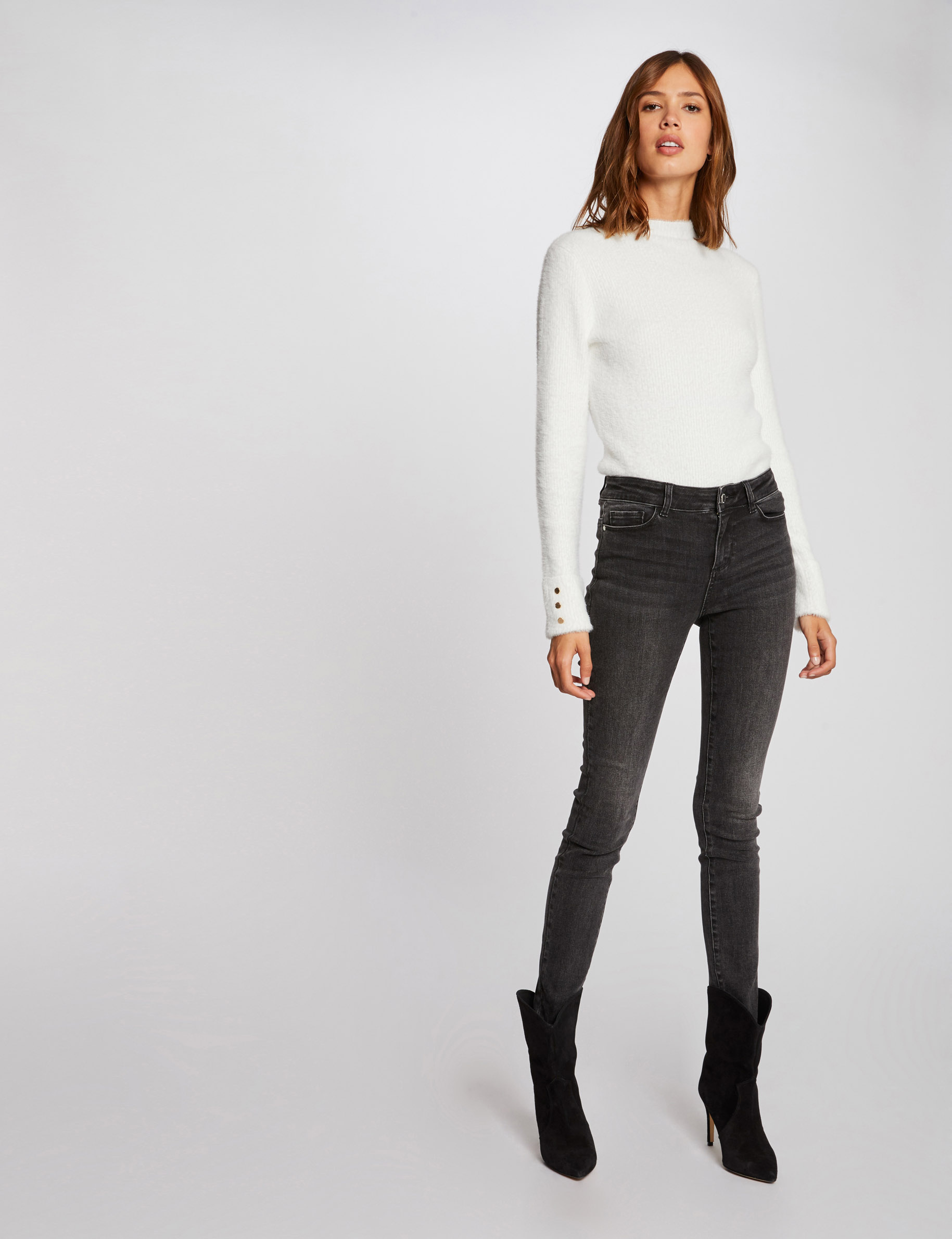 Long-sleeve fuzzy knit sweater ivory women