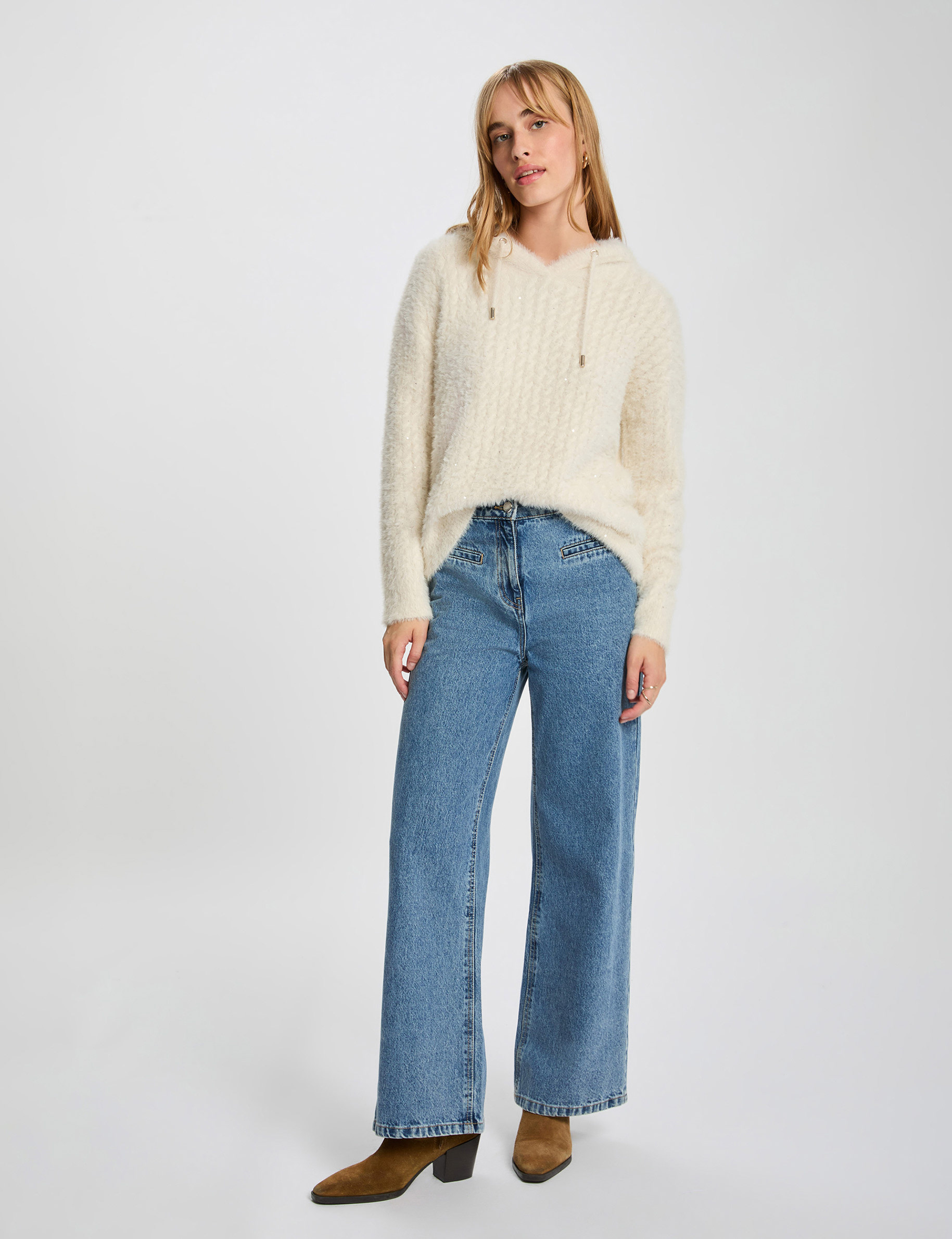 Sequin hoodie sweater ivory women