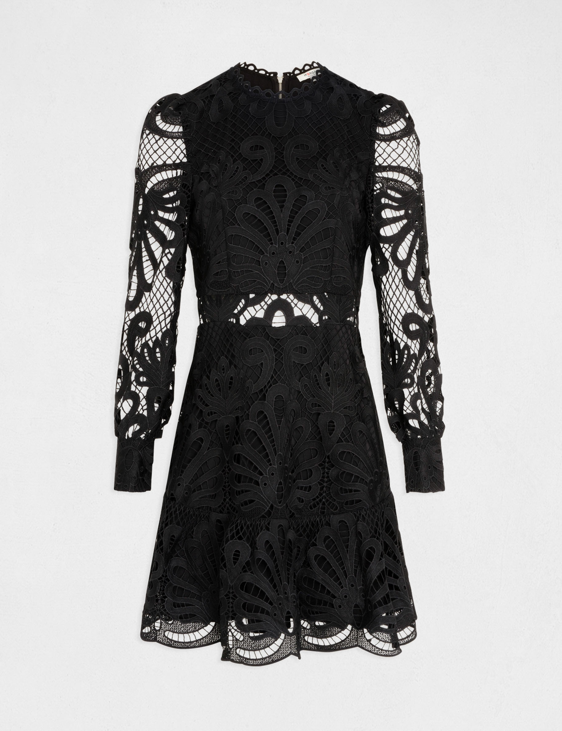 A-line dress in lace with ruffles black ladies'