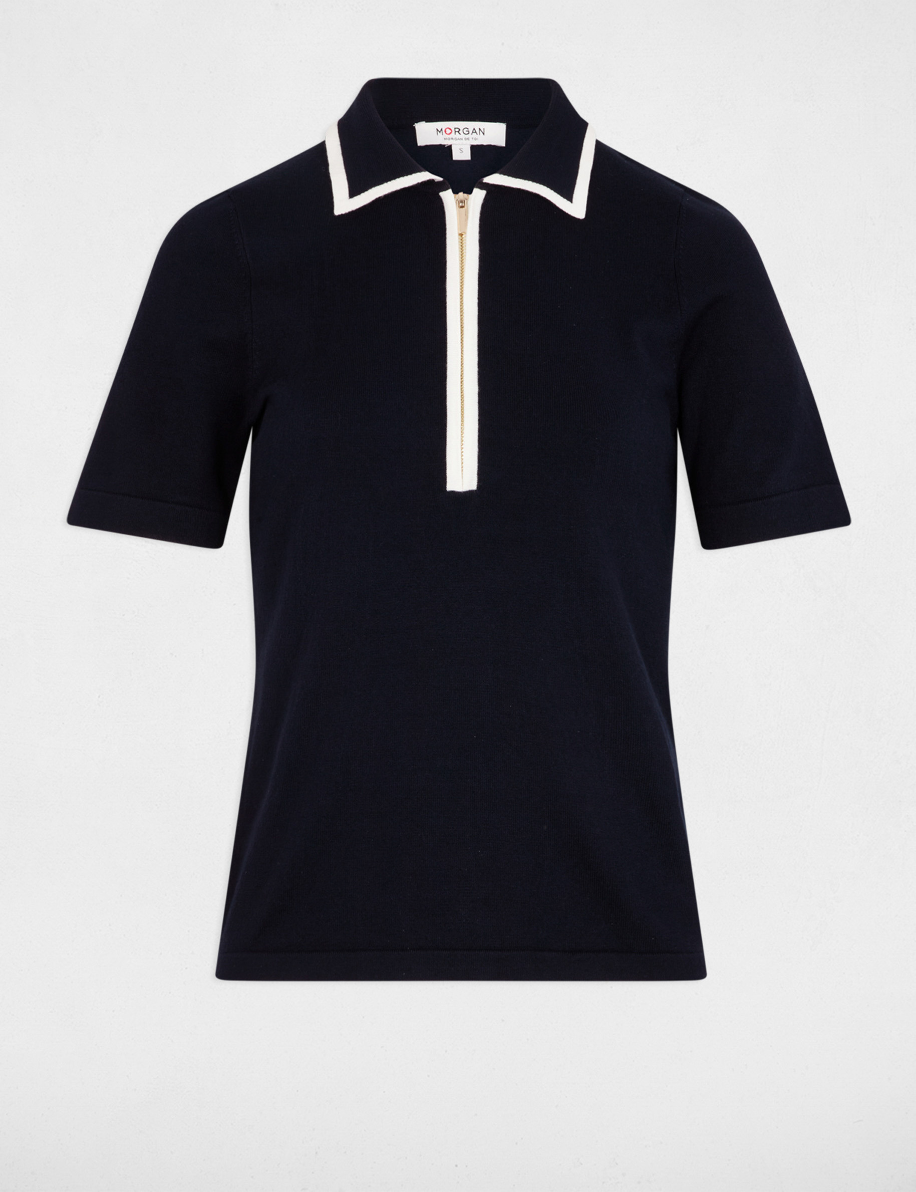 pull col polo zippe bleu marine femme Pull col polo zippé bleu marine femme