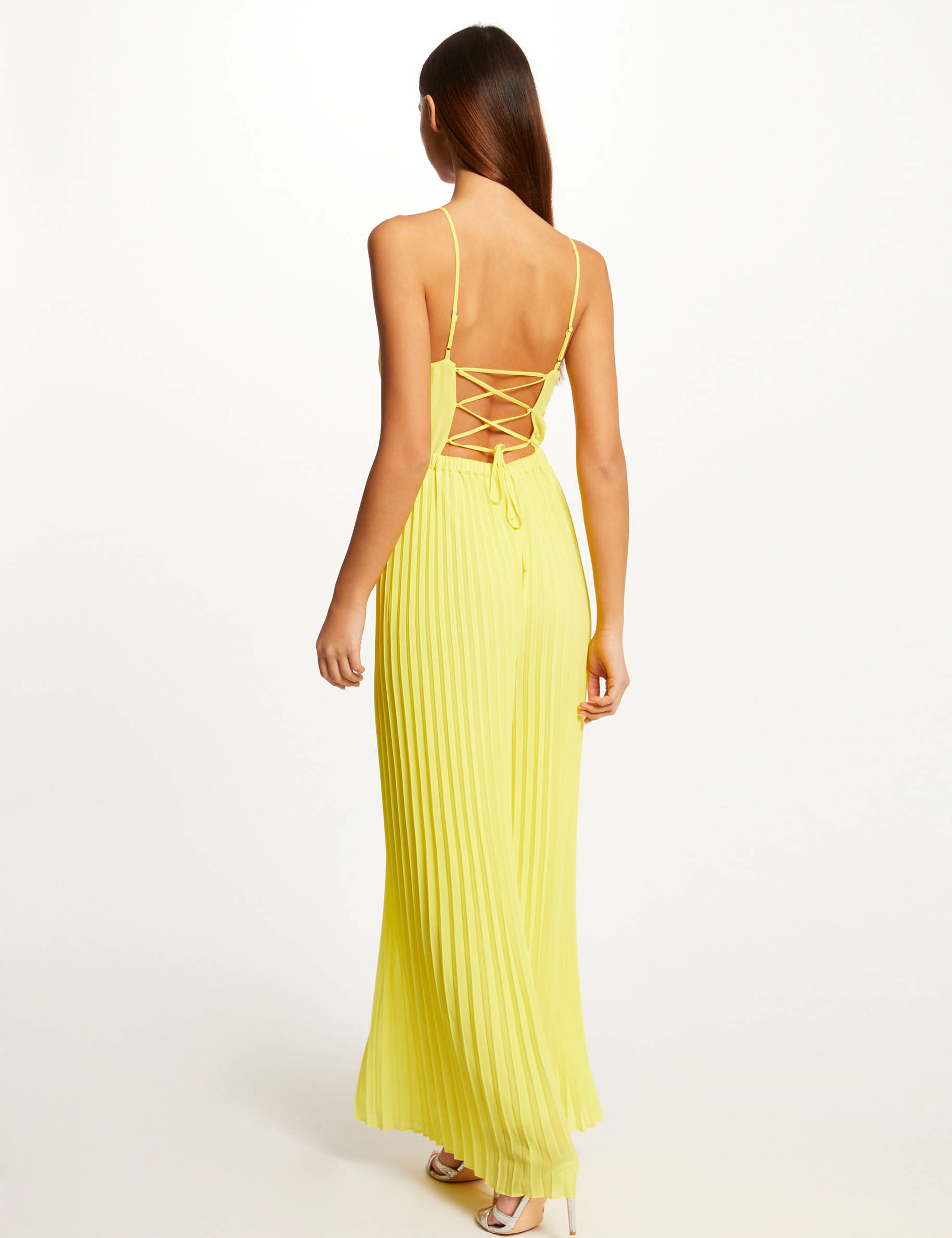 Wide leg pleated jumpsuit with open back yellow ladies' Wide leg pleated jumpsuit with open back yellow ladies'