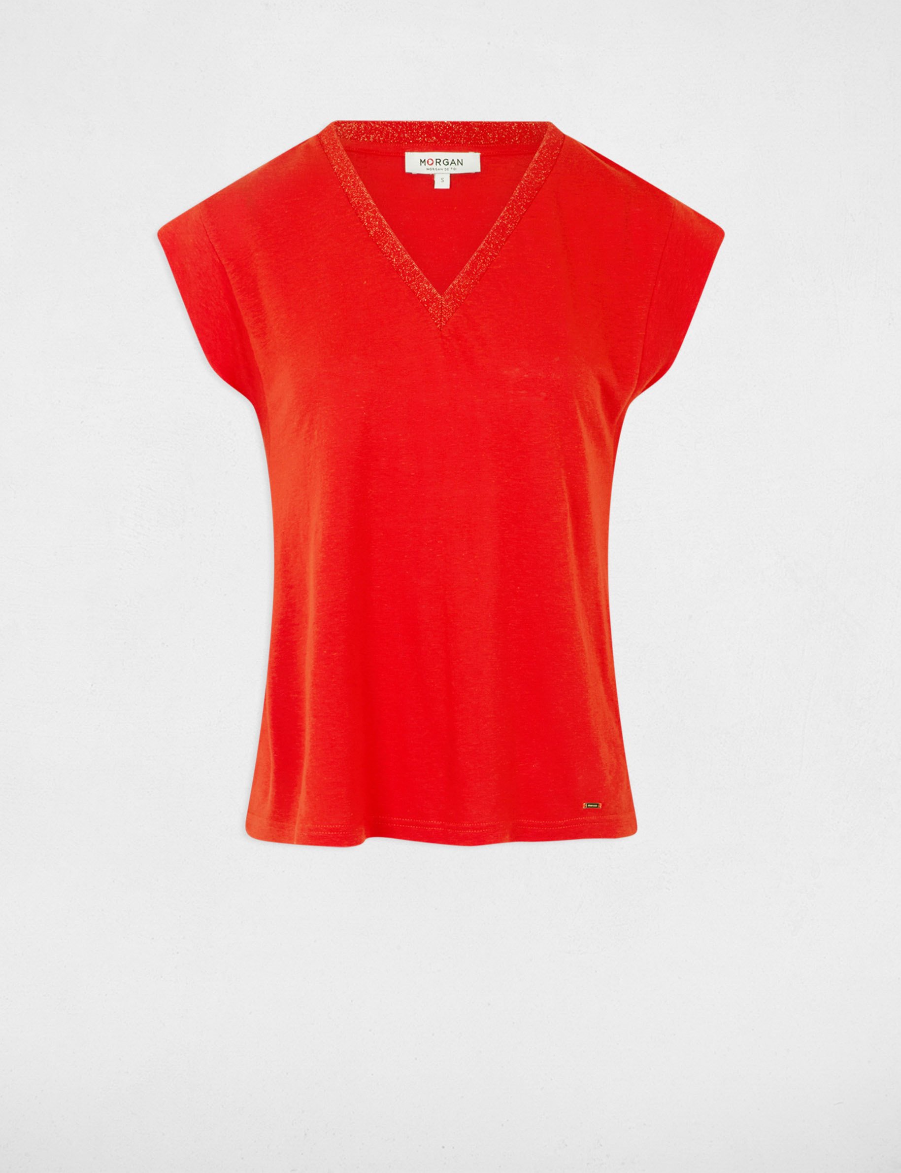 t shirt manches courtes a col en v orange femme T-shirt manches courtes à col en V orange femme