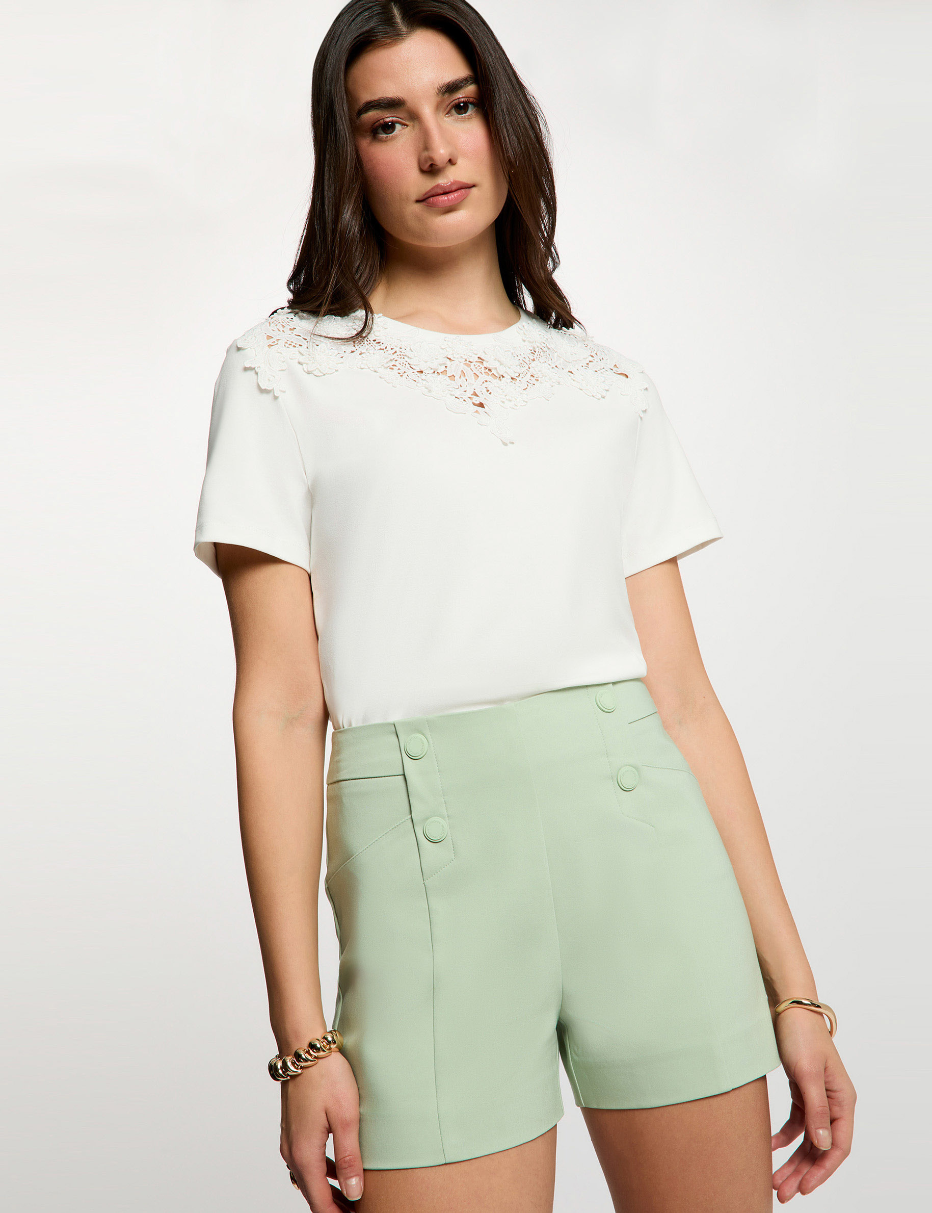 Straight shorts with darts pastel green women