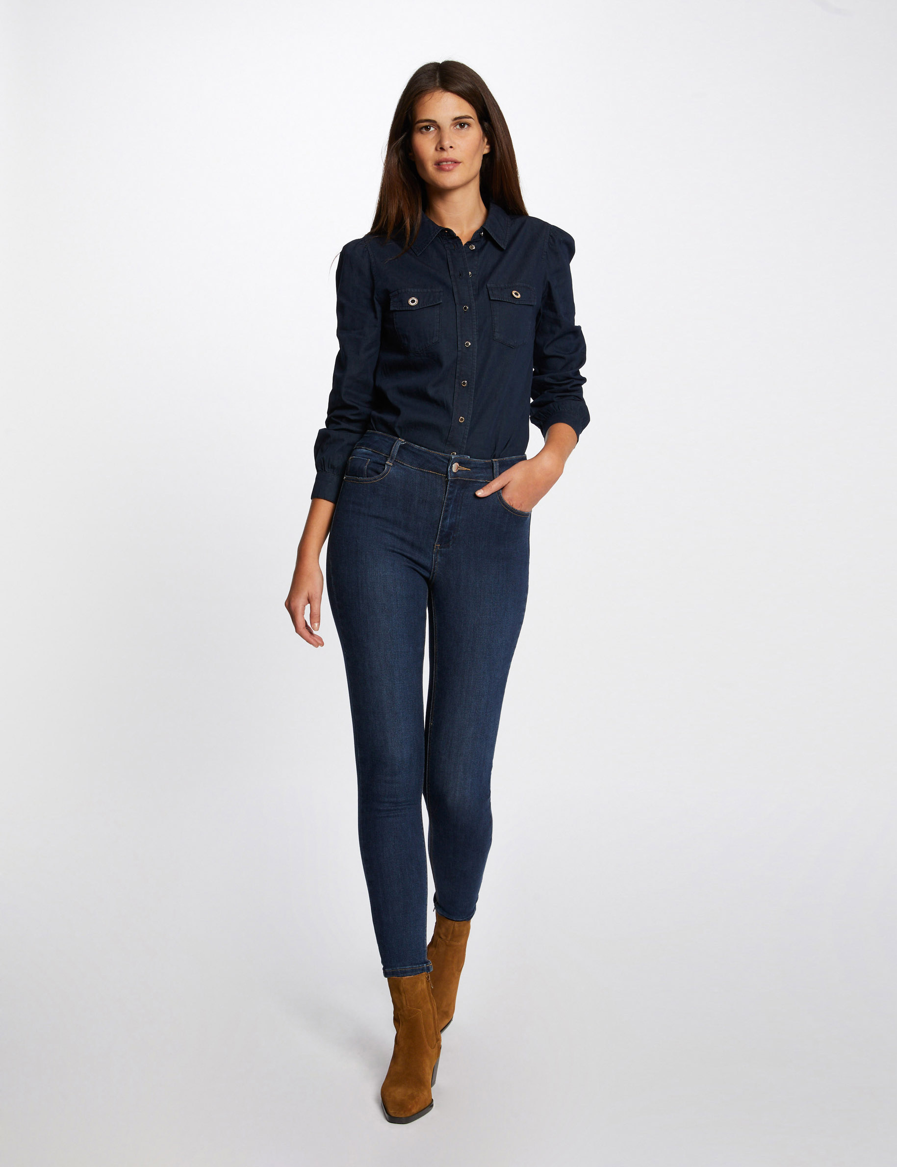 Long-sleeved denim shirt raw denim ladies'