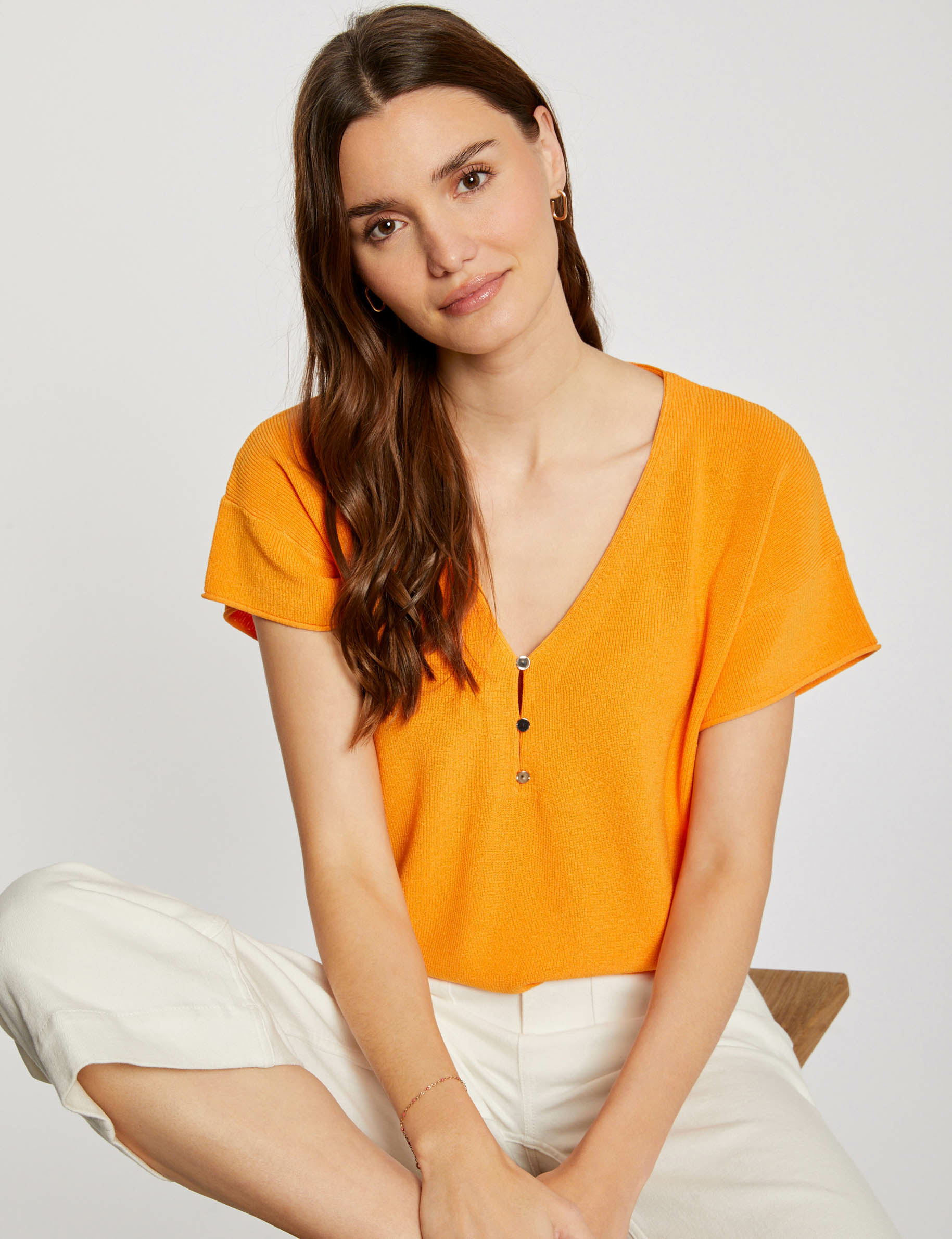 Jumper V-neck short sleeves orange ladies'