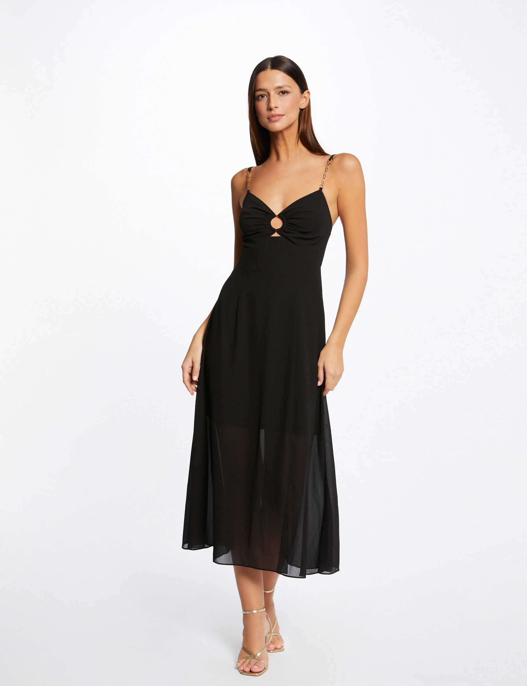 Midi A-line dress straps with chains black ladies'