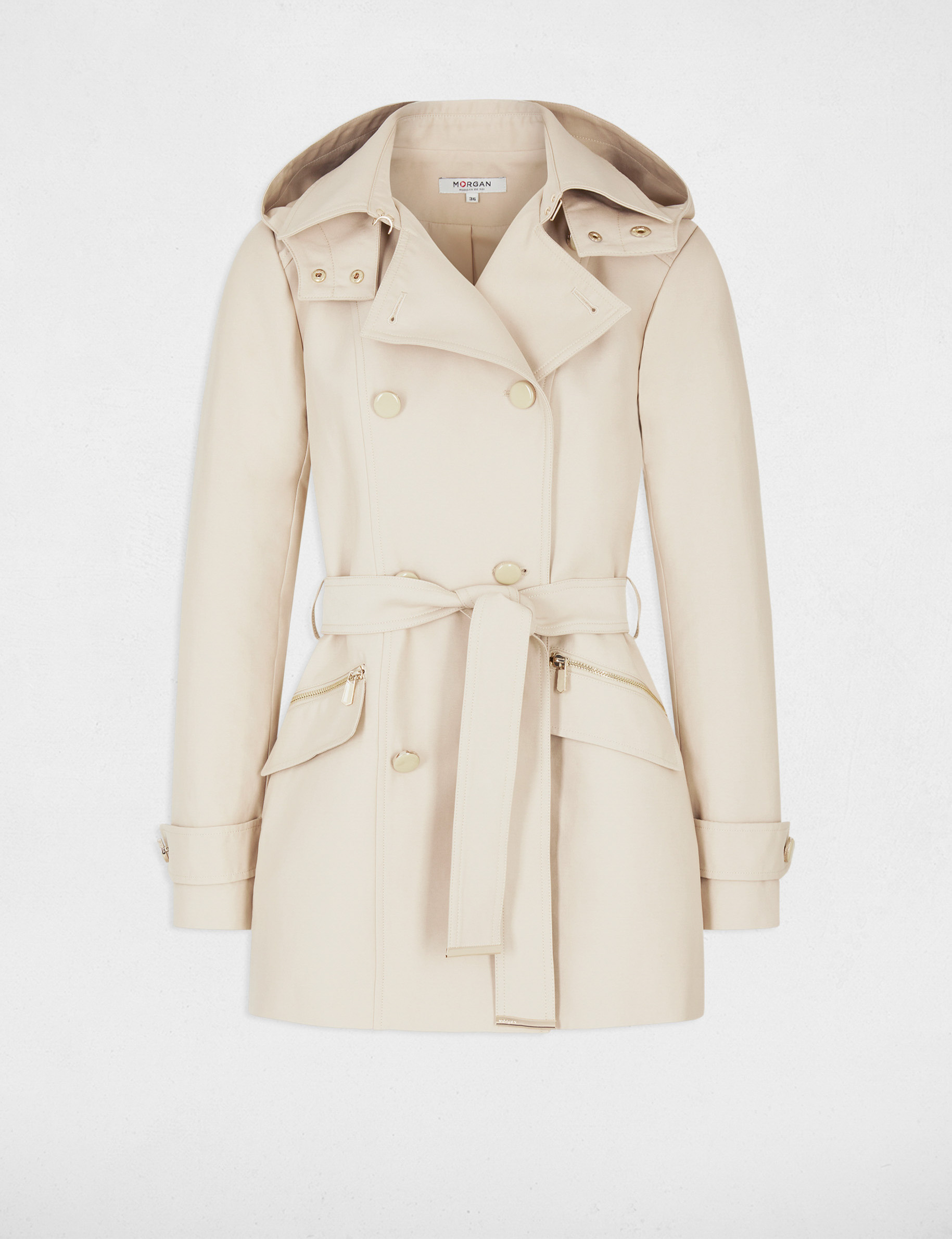 Waisted belted trenchcoat with hood beige ladies'