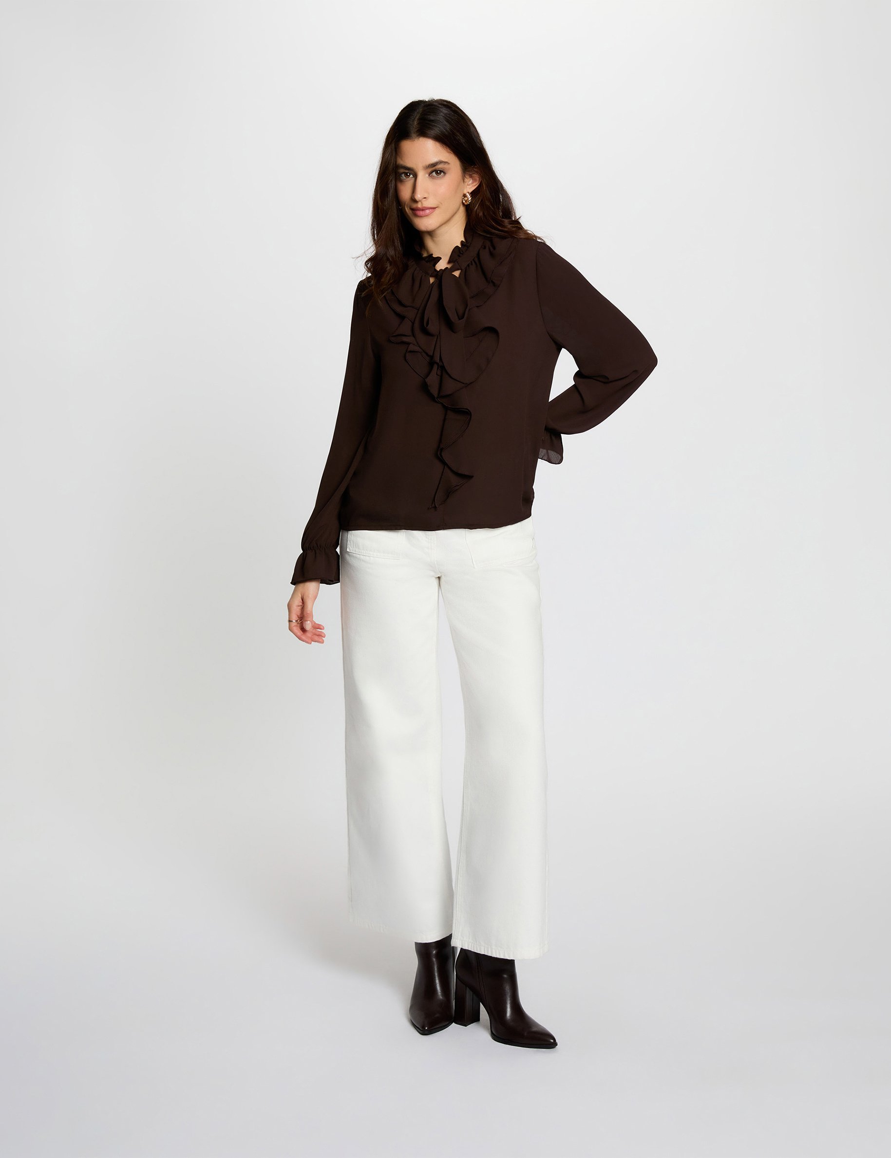 Fitted blouse with V-neck dark brown women