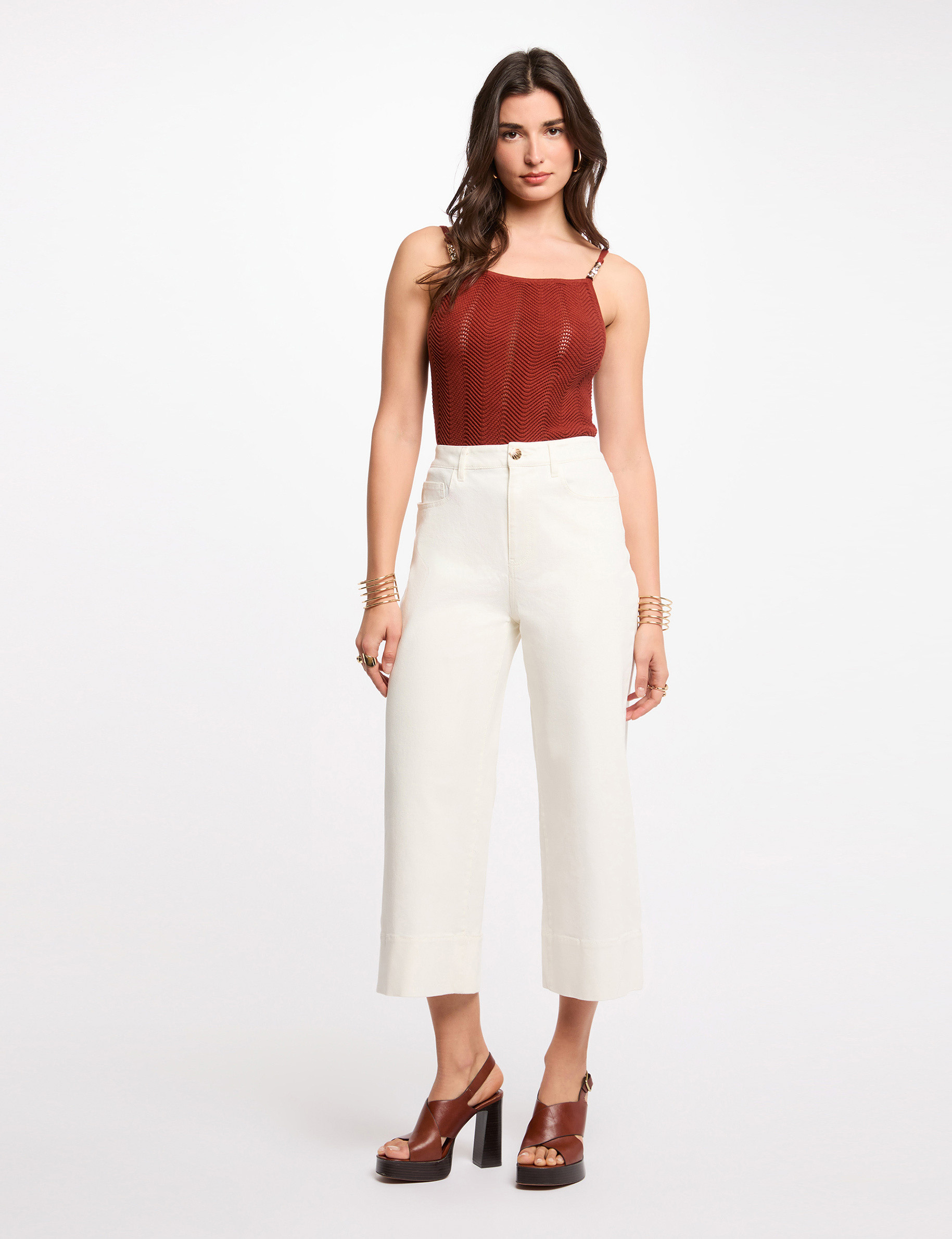 Knitted top thin straps cognac brown women