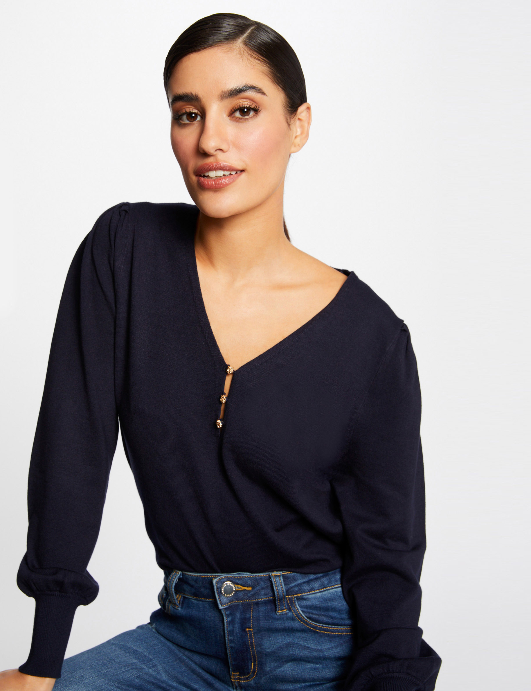 Long-sleeved jumper with V-neck navy ladies'