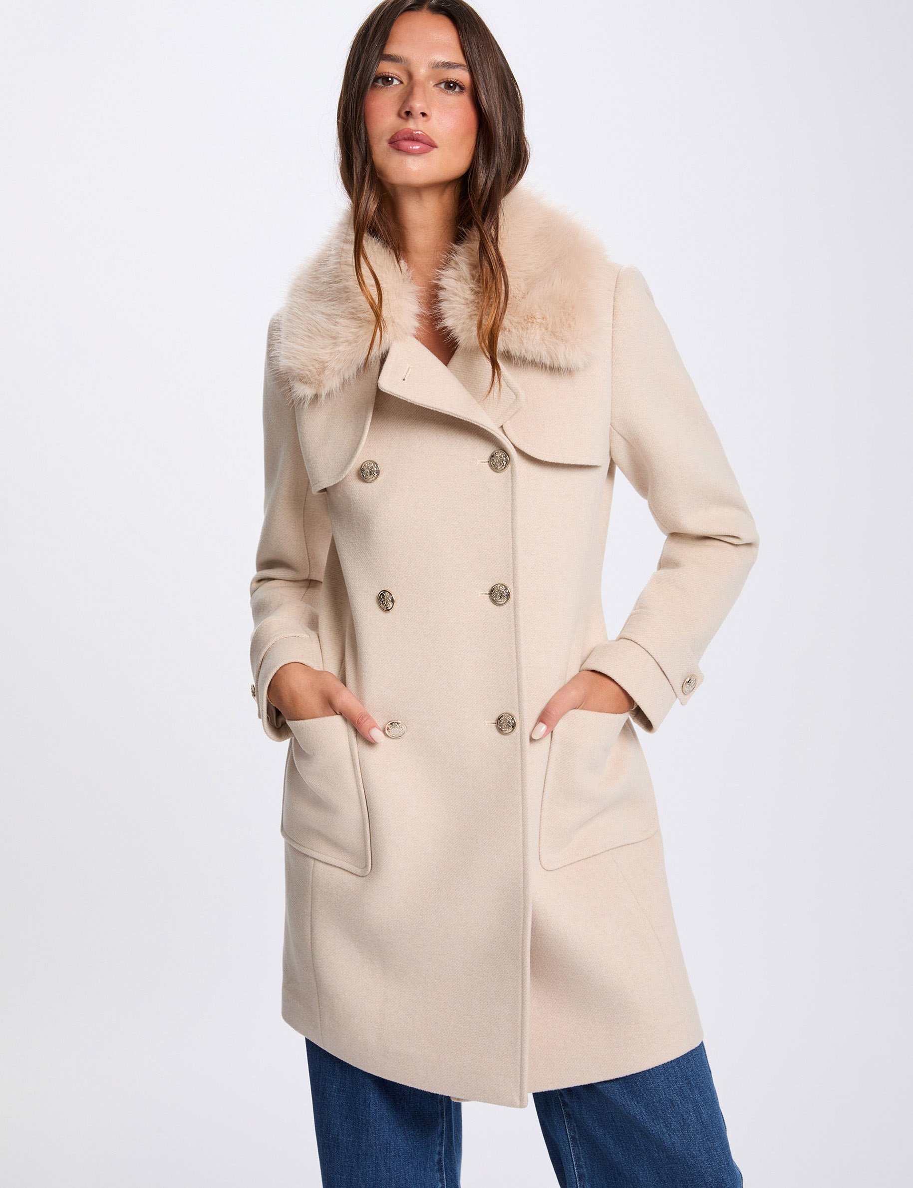 Straight coat with fur collar beige women