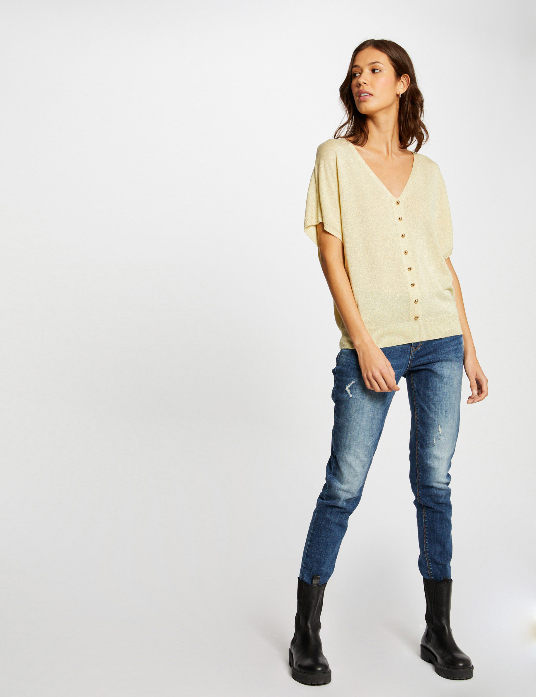 Short-sleeved jumper with buttons straw yellow ladies'