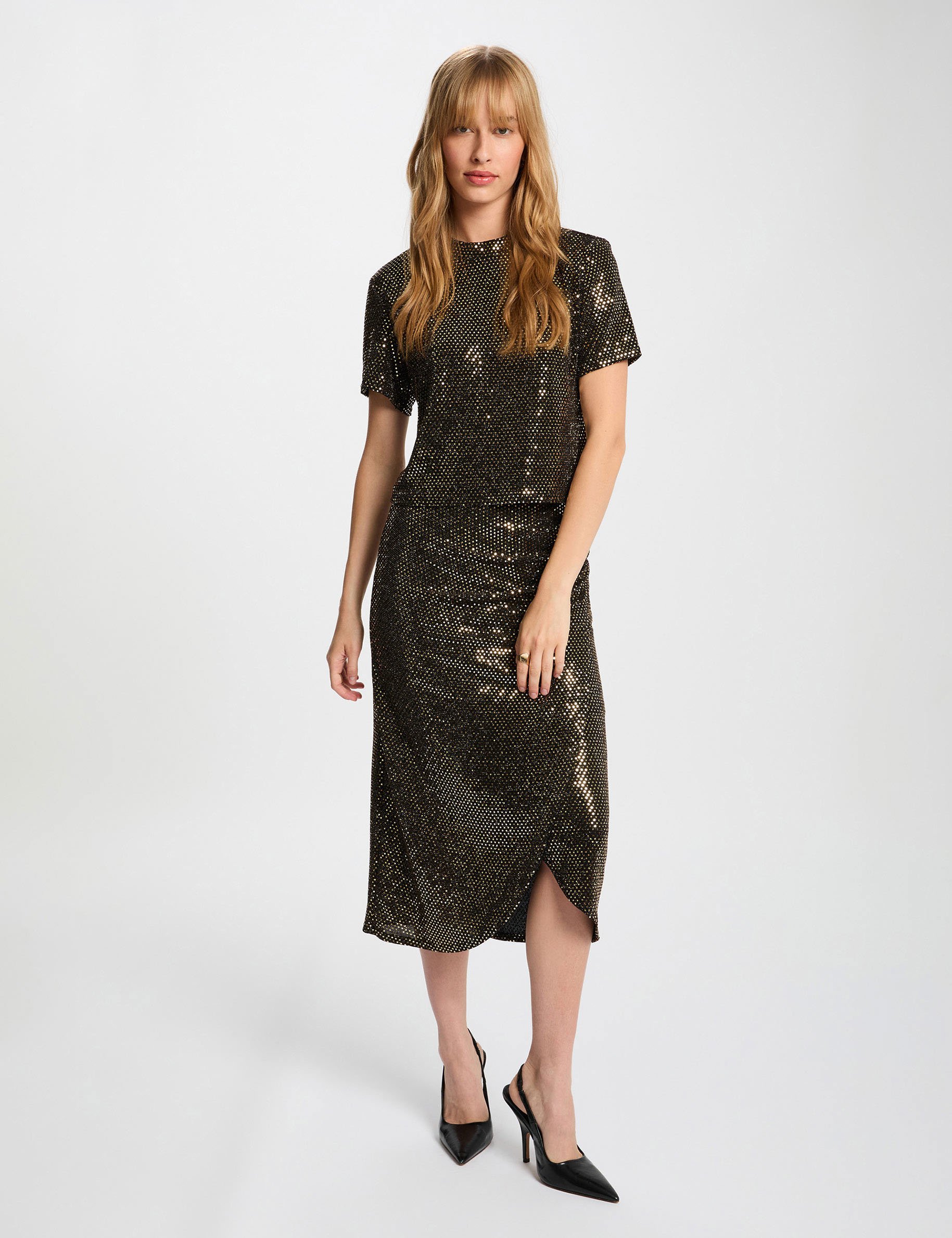 High neck sequin t-shirt gold yellow women