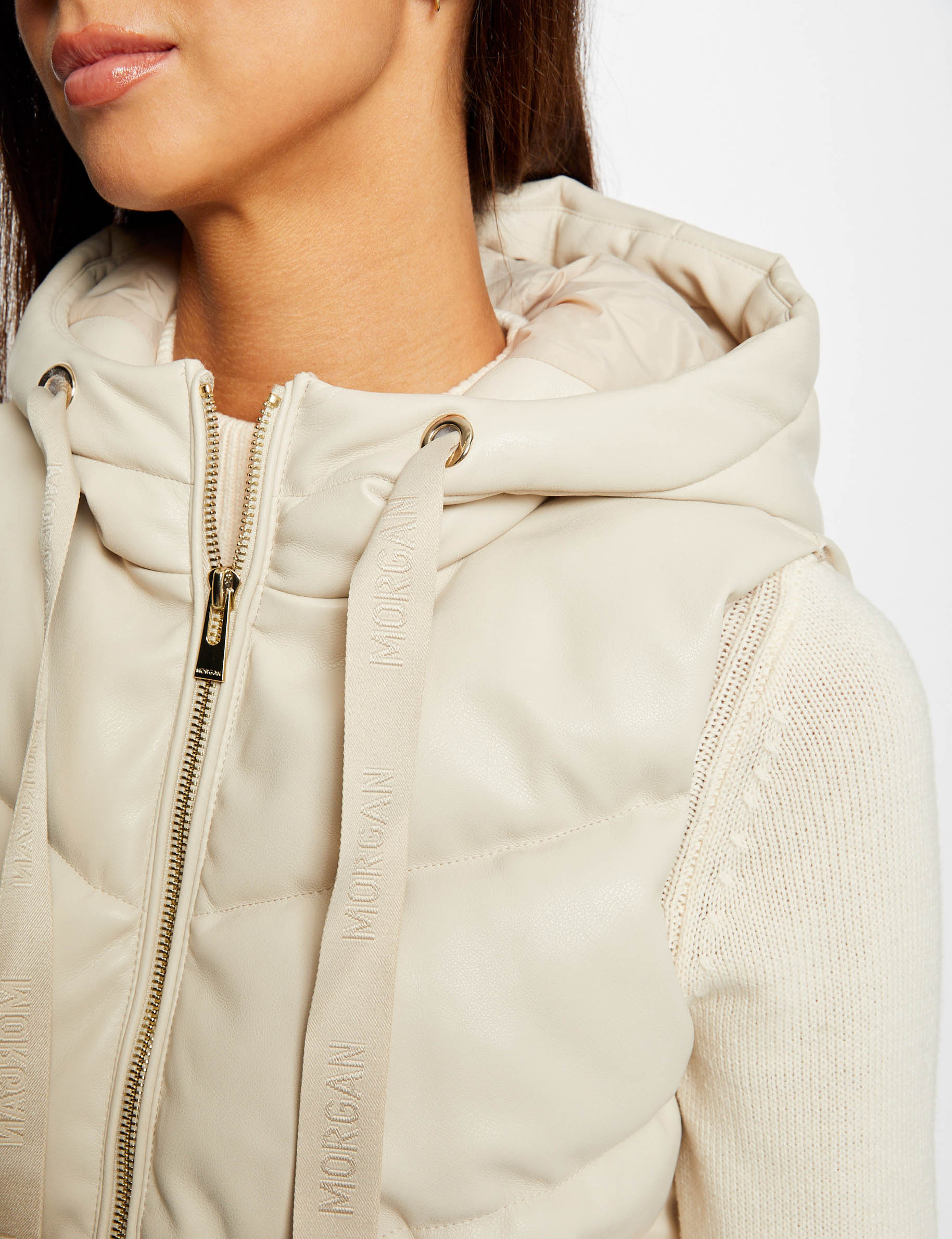 Faux leather padded jacket with hood ivory women