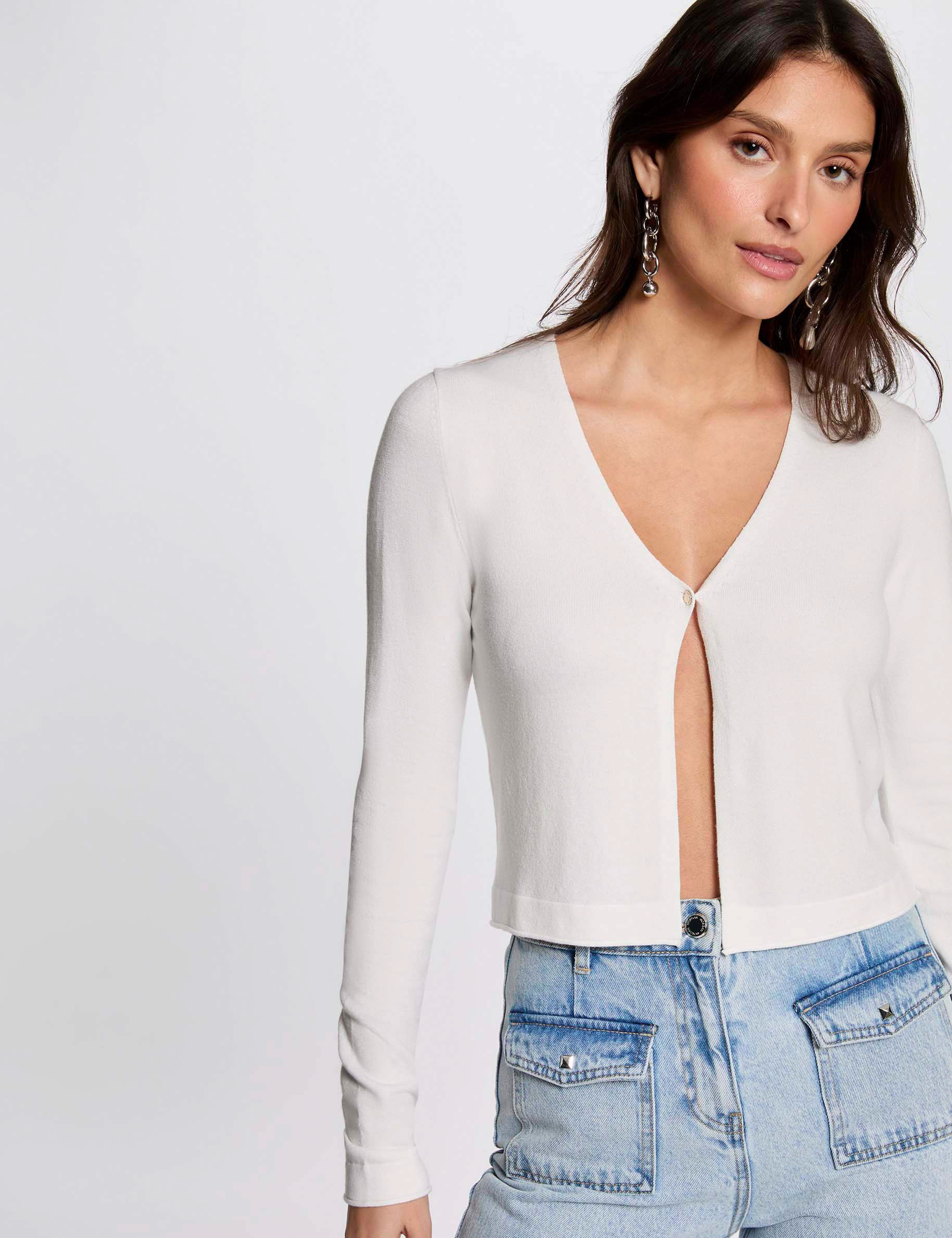 Long-sleeved cardigan with V-neck white women