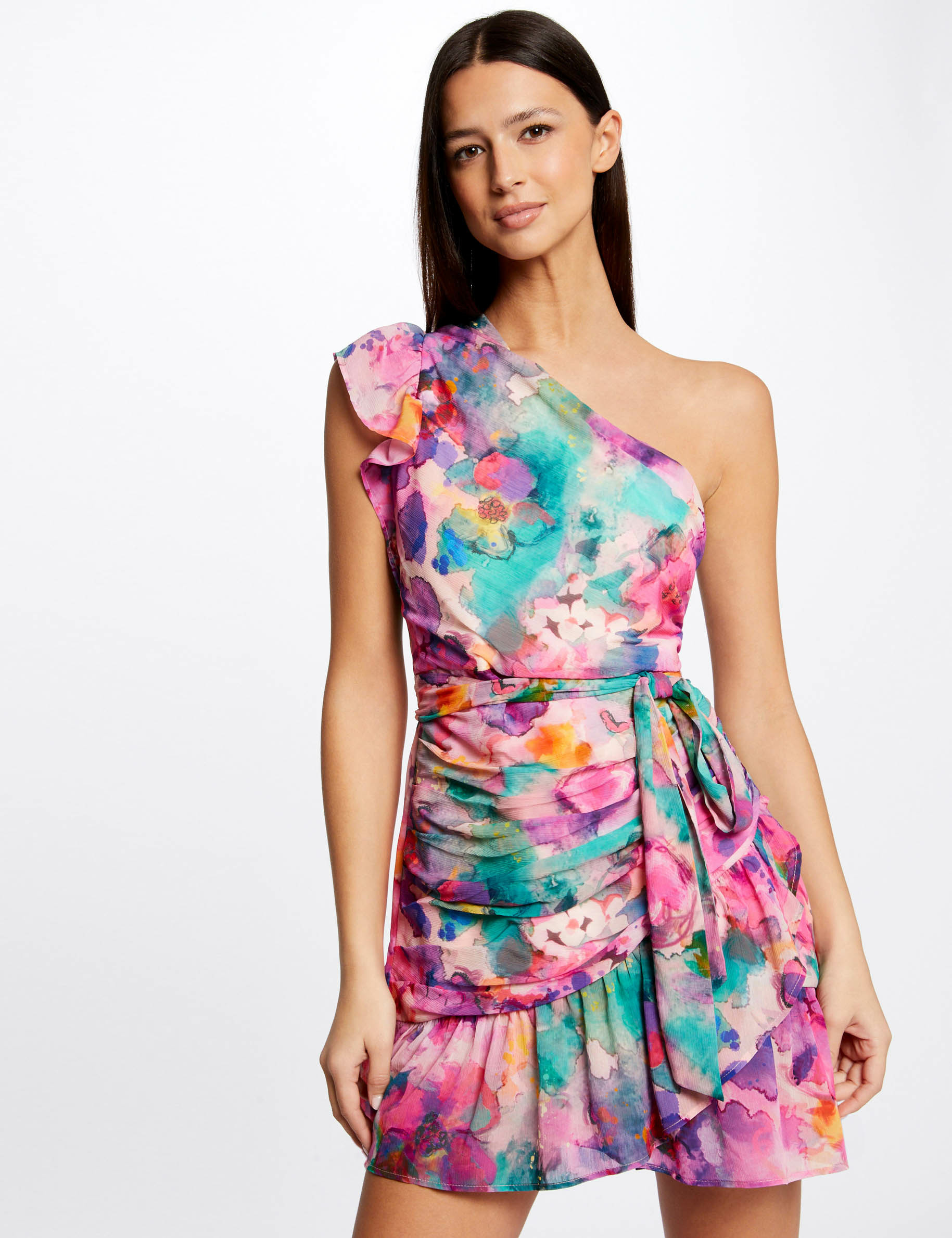 Printed draped asymetrical fitted dress multico ladies'