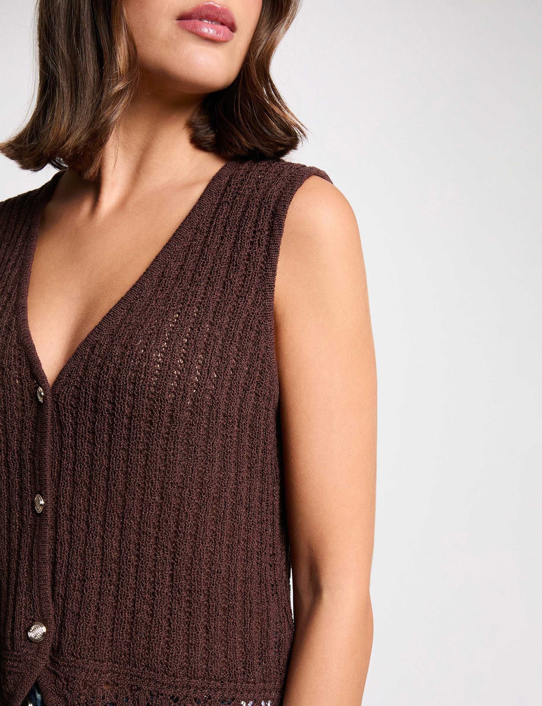 Sleeveless openwork cardigan dark brown women