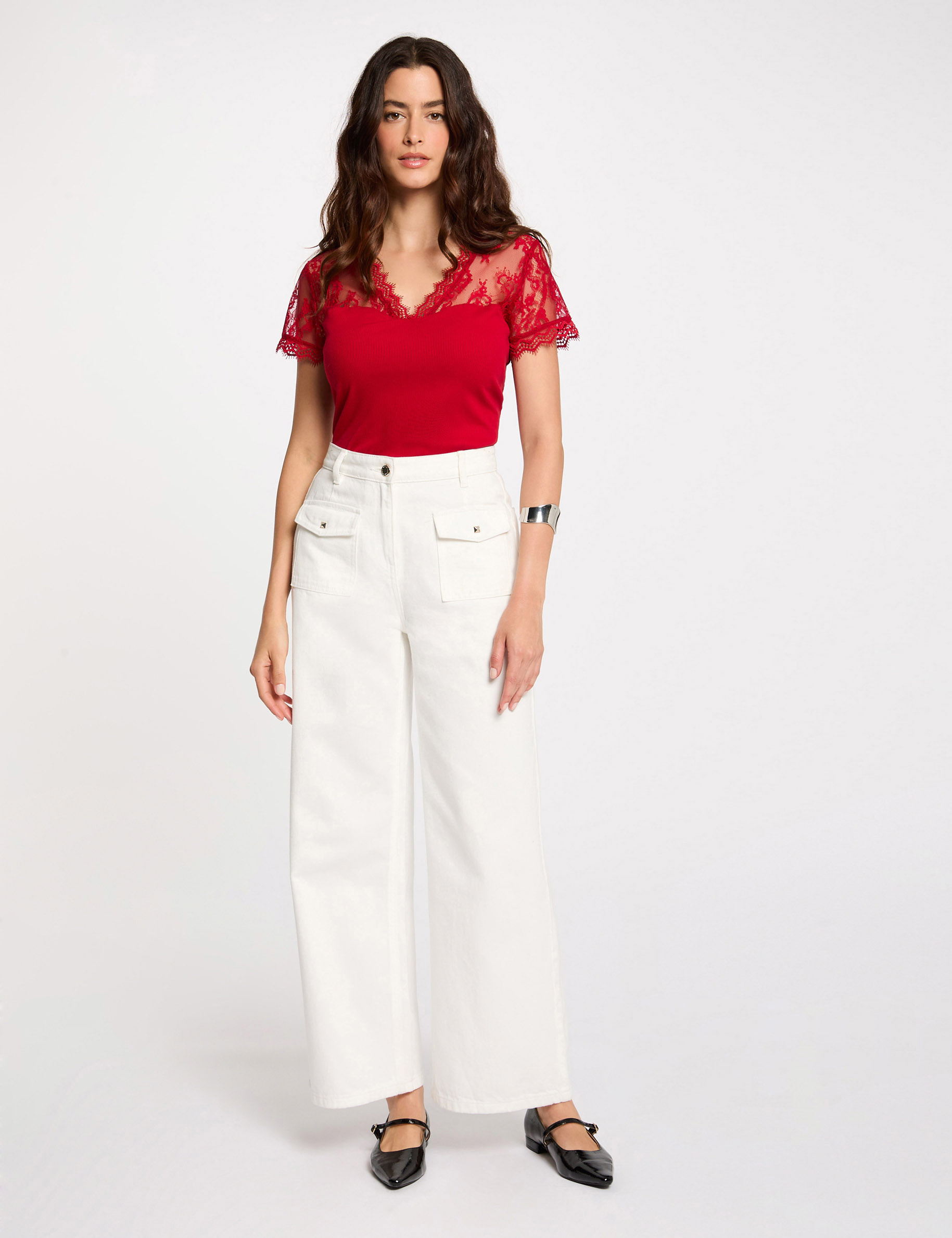 short sleeved t shirt with lace red women Short-sleeved t-shirt with lace red women