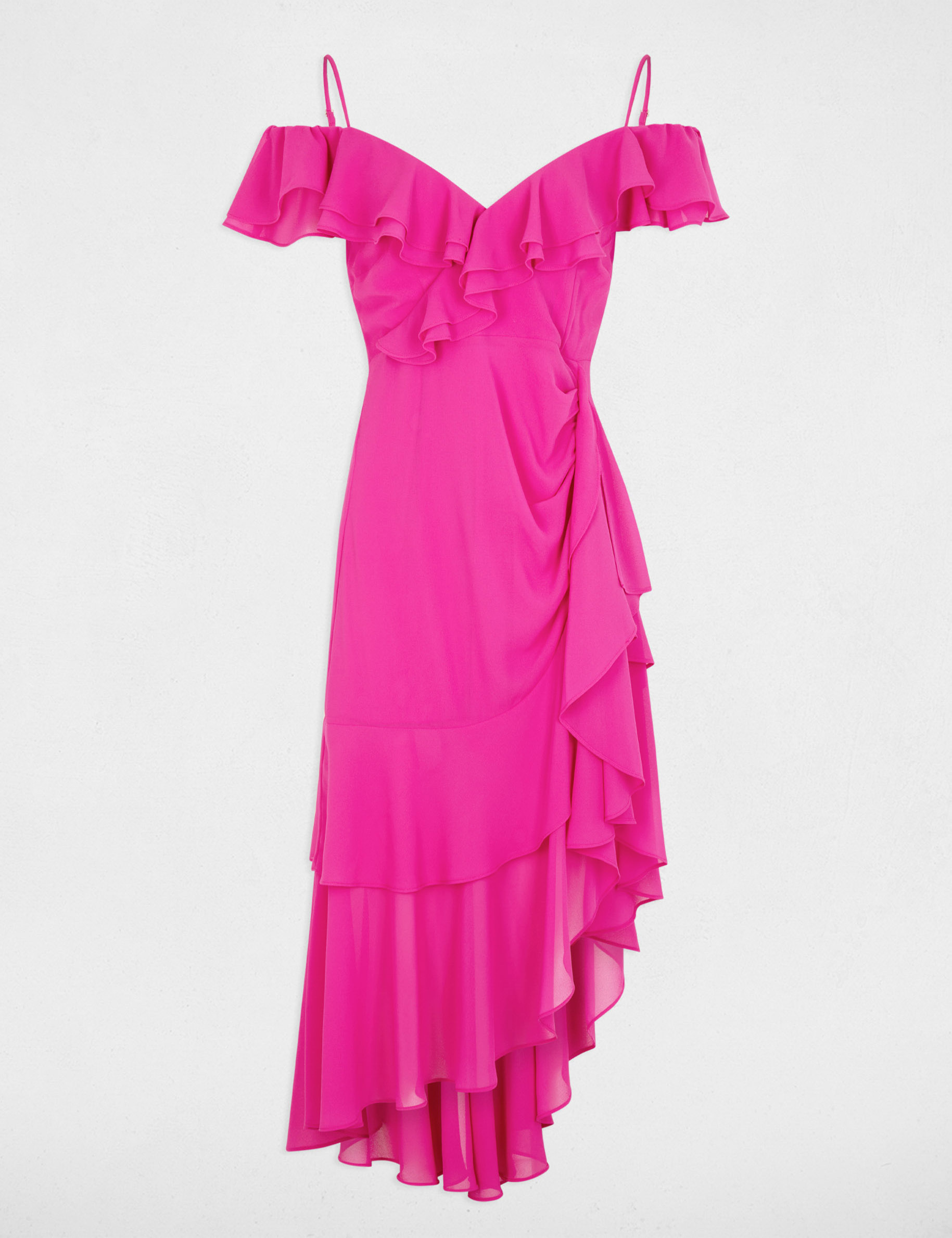 Straight midi dress ruffles raspberry pink women