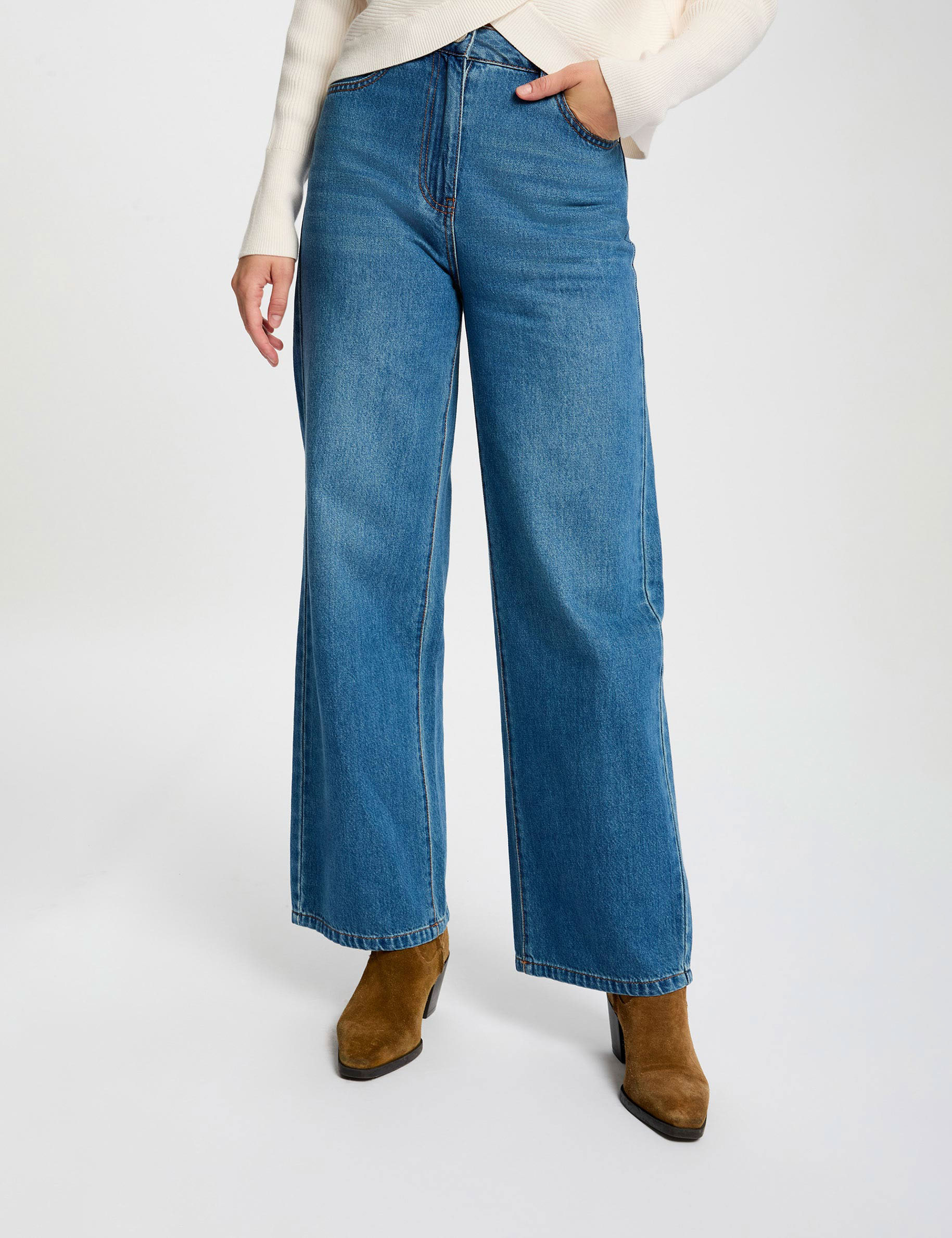 high waisted wide leg trousers stone wash denim women High-waisted wide-leg trousers stone wash denim women