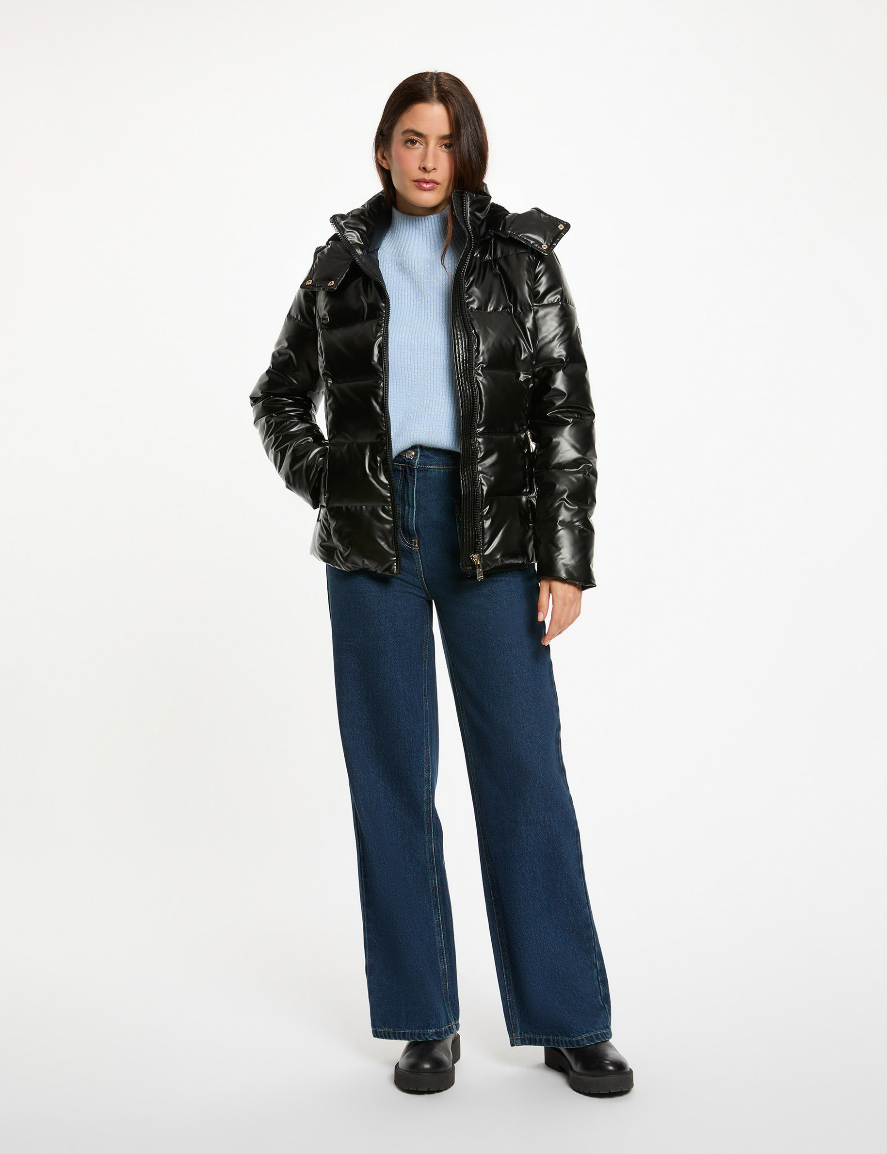 shiny cropped puffer jacket black women Shiny cropped puffer jacket black women