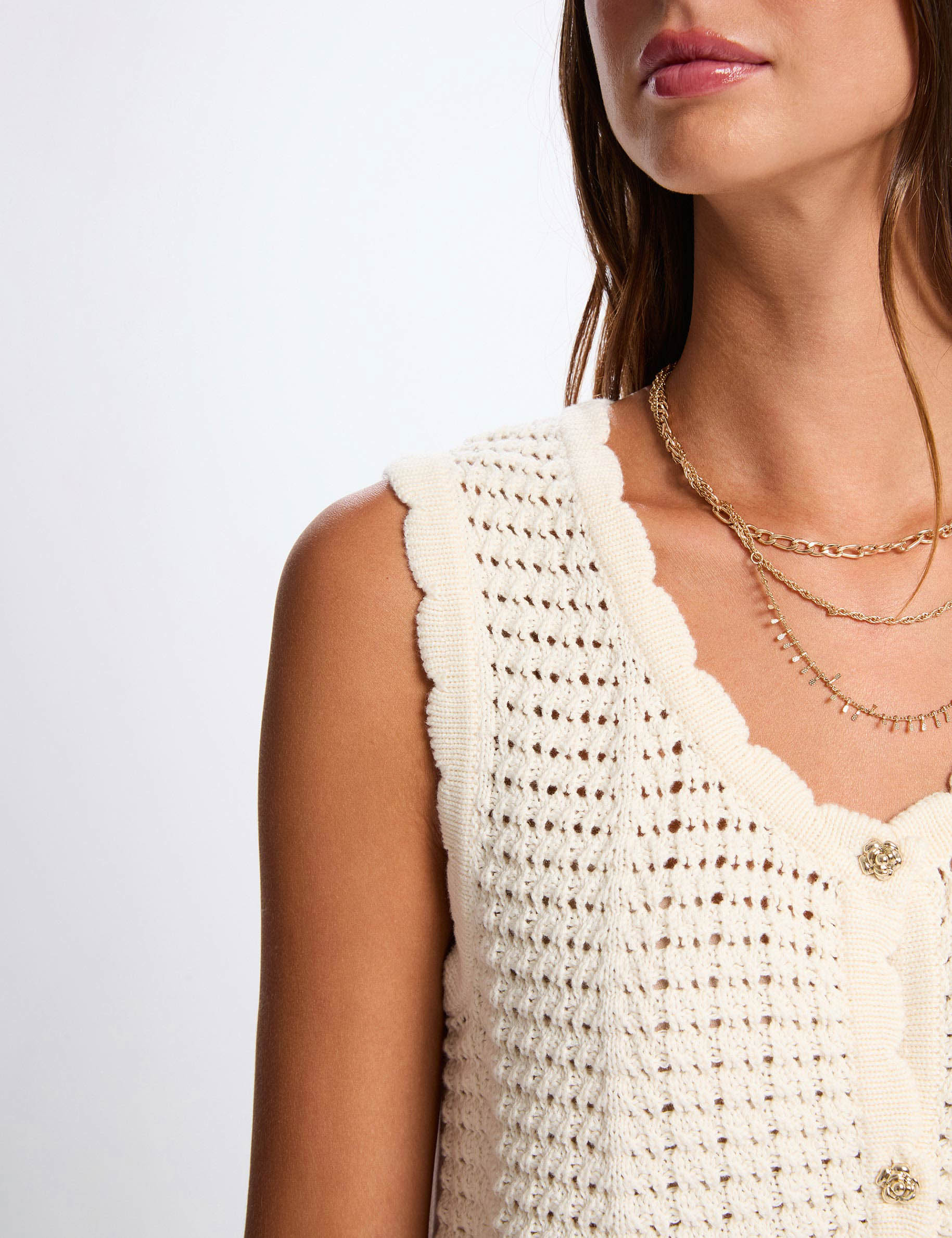 Sleeveless openwork cardigan ivory women