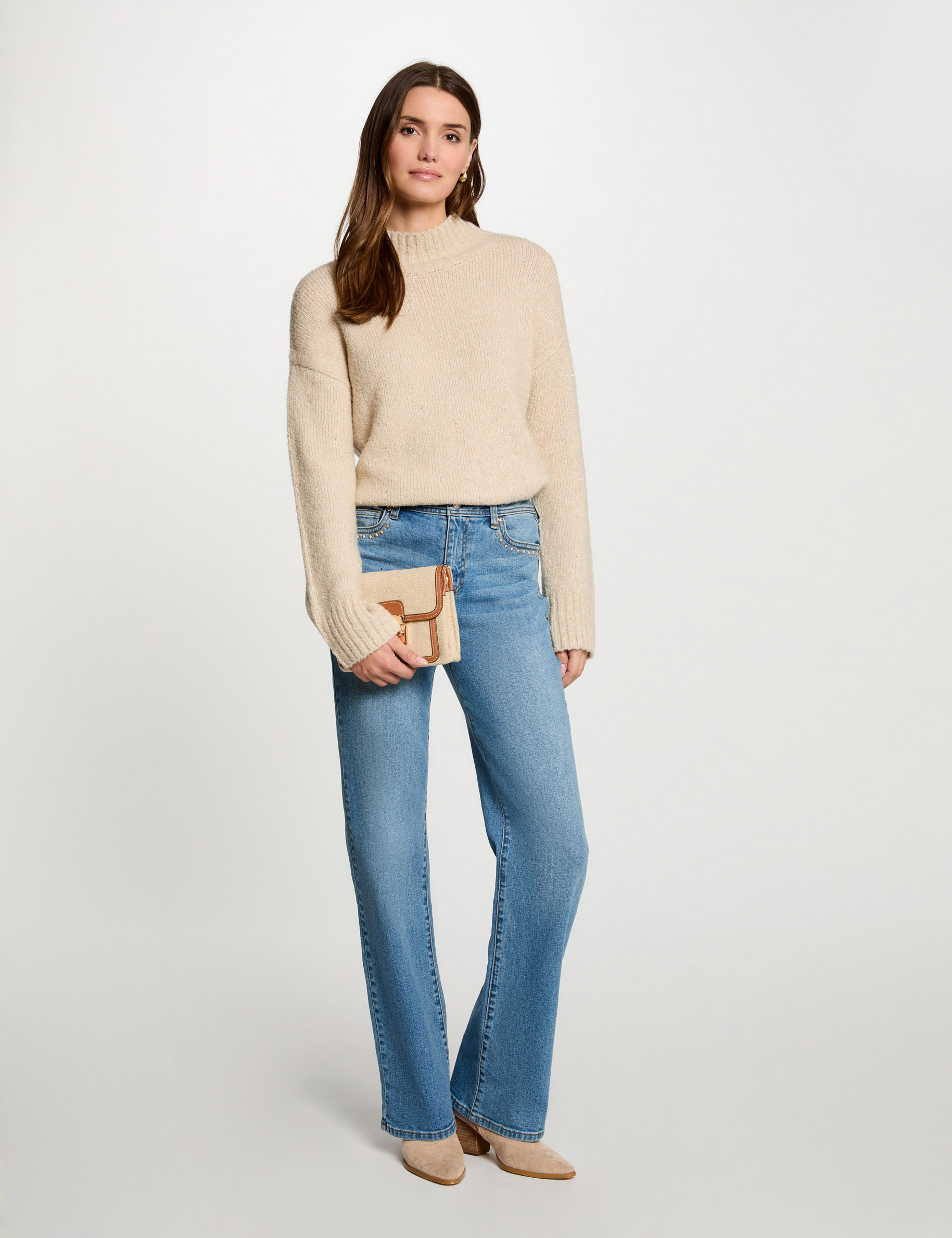 jumper high collar and sequins beige women Jumper high collar and sequins beige women