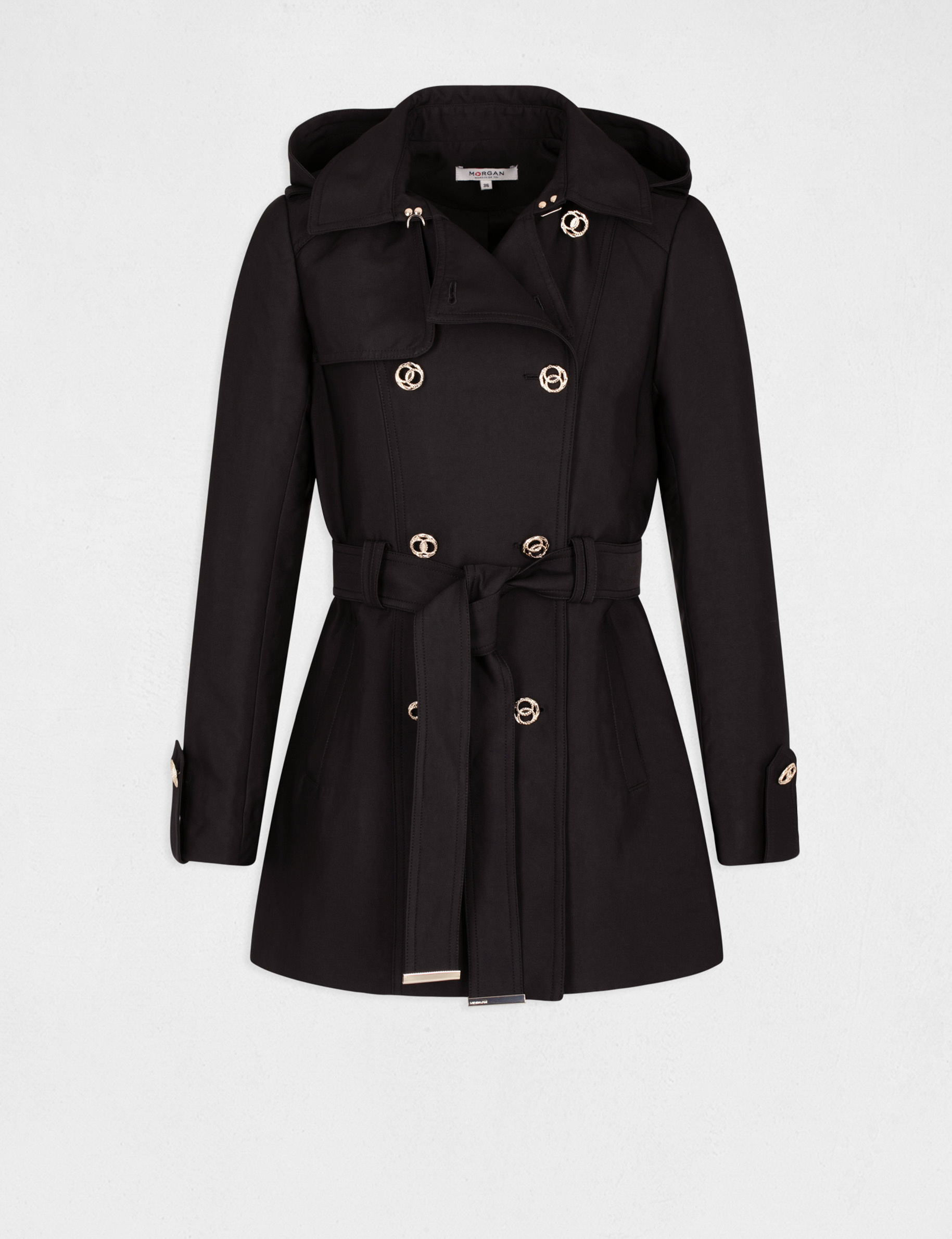 Straight belted trenchcoat with hood black ladies'