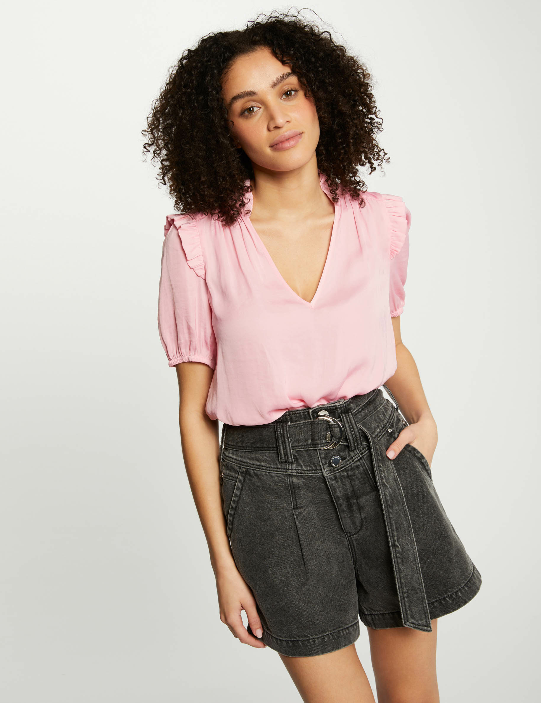 blouse v neck and ruffles medium pink women Blouse V-neck and ruffles medium pink women