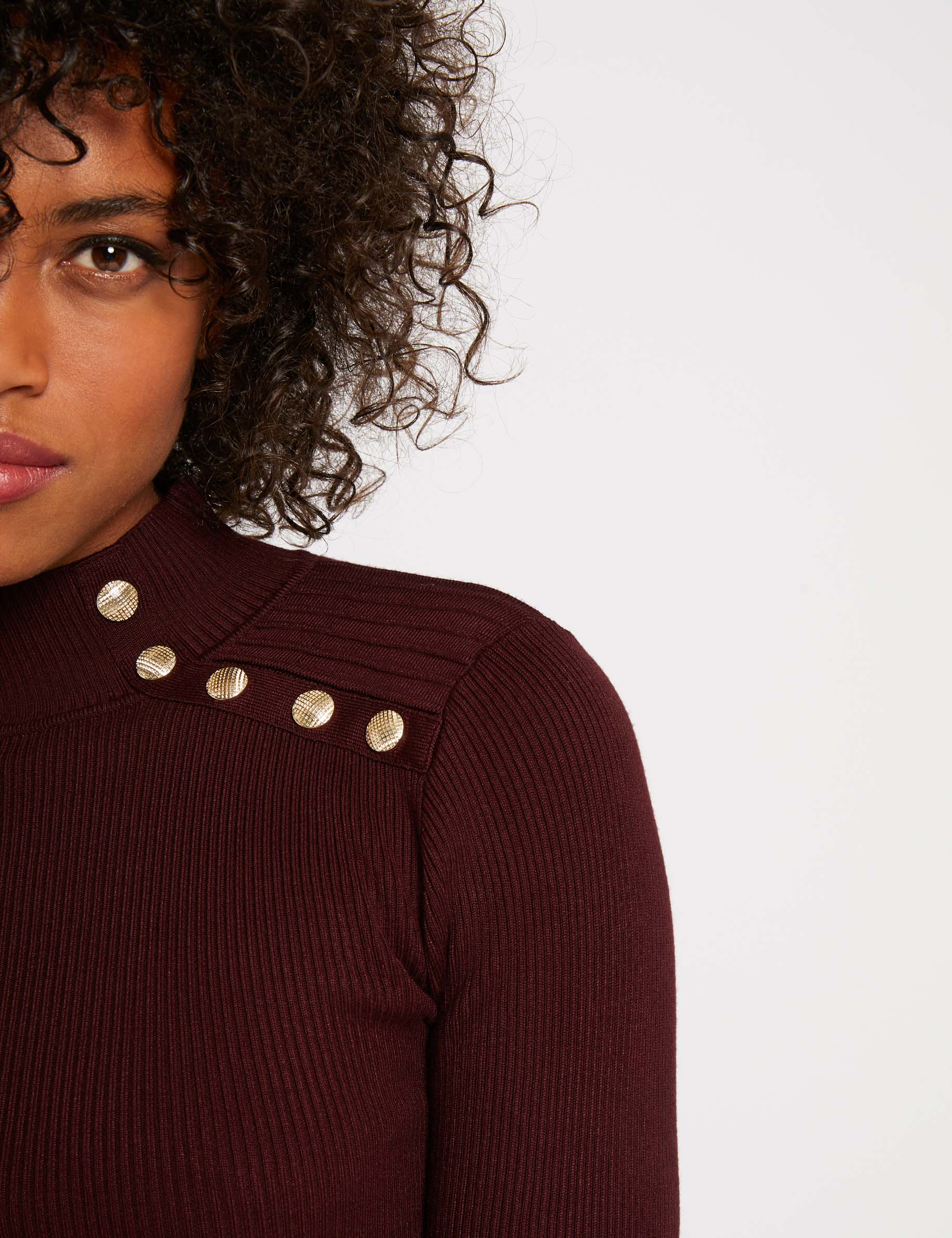 long sleeved jumper buttons and edging wine red women Long-sleeved jumper buttons and edging wine red women